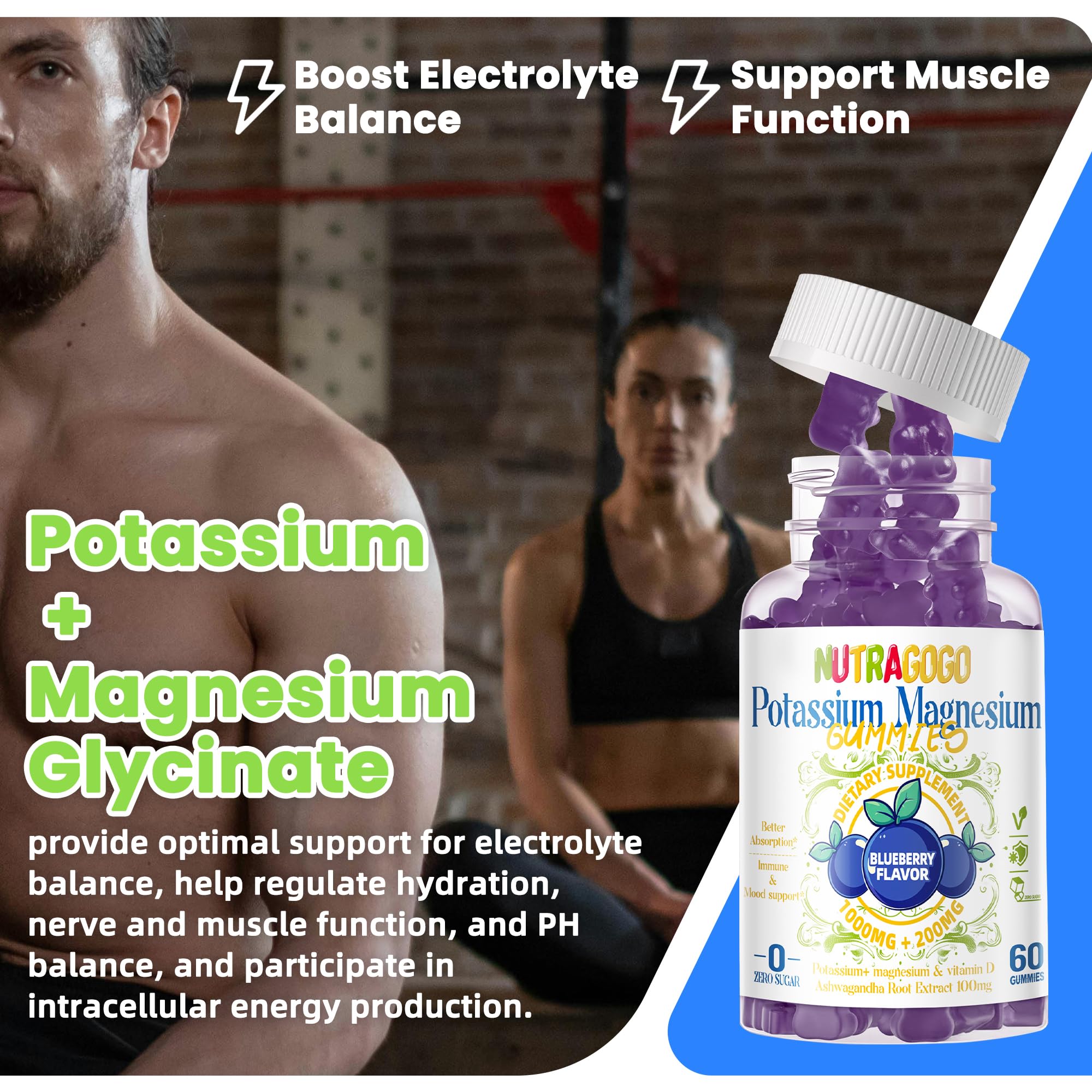Potassium Magnesium Gummies,Potassium Supplement w/Ashwagandha,High Absorption Magnesium Glycinate,B6,D3,Potassium Citrate for Leg Cramps,Muscle,Electroyte for Adults Kids,Sugar-Free, 60 Gummies NUTRAGOGO buy supplements canada