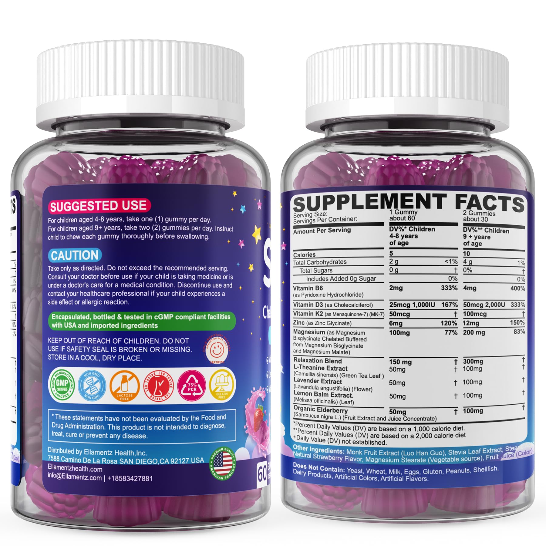 Kids Sleep Gummies, NO Melatonin Sleep Aid Gummies w/ Magnesium Glycinate, Magnesium Malate, L-Theanine, Lavender, B6, Zinc, D3K2 for Restful Sleep, Relax Brain & Muscle, Immune Support, Non-GMO 1Pack ELLAMENTZ buy supplements canada