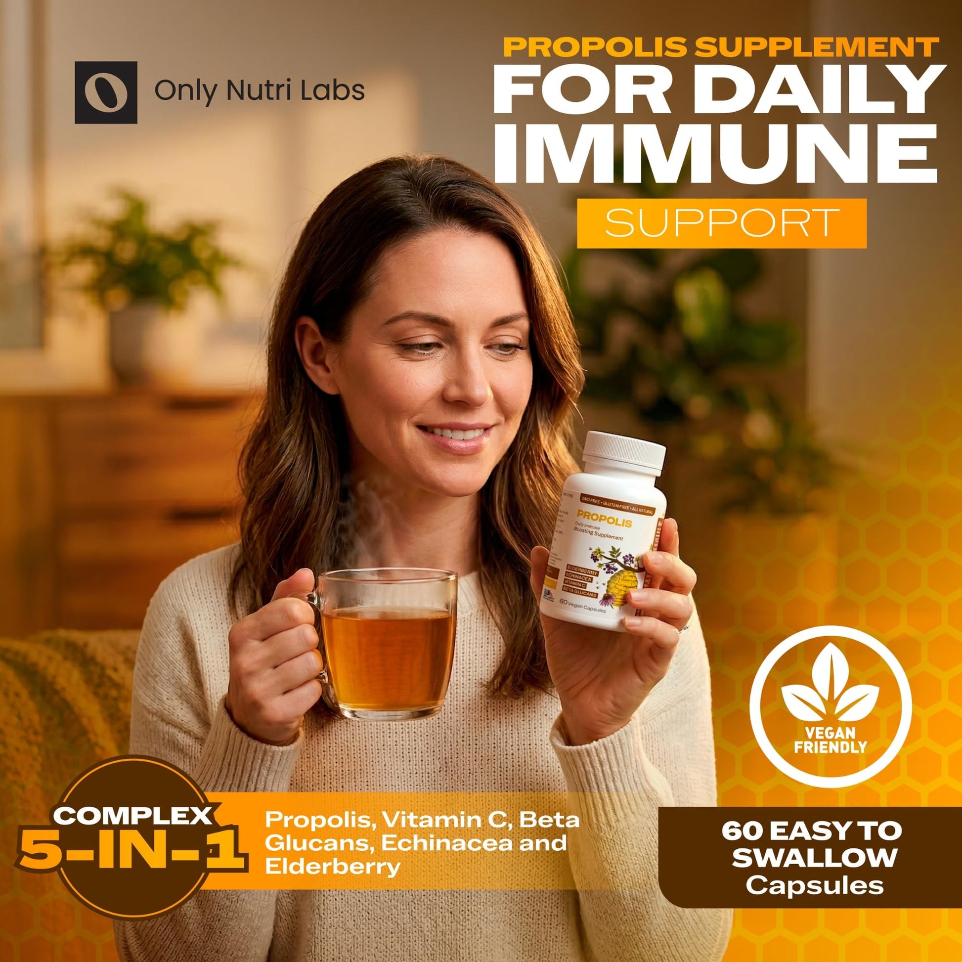 Only Nutri Labs Bee Propolis Dietary Supplement, with Elderberry, Echinacea, Vitamin C and Beta Glucans - Daily Wellness Capsules for Adults (60 Count) Only Nutri Labs buy supplements canada