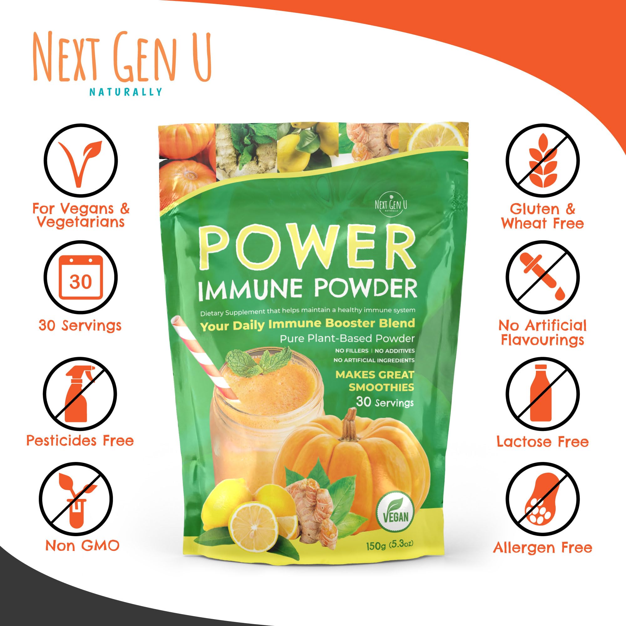 Immune Support - Supplement Powder 150g - Superfood Booster for Adults - Natural Immunity Defense - Daily Drink Mix for Women & Men - Plant Based, Vegan & Gluten Free Smoothie Boost by NextGenU NGU Next Gen U buy supplements canada