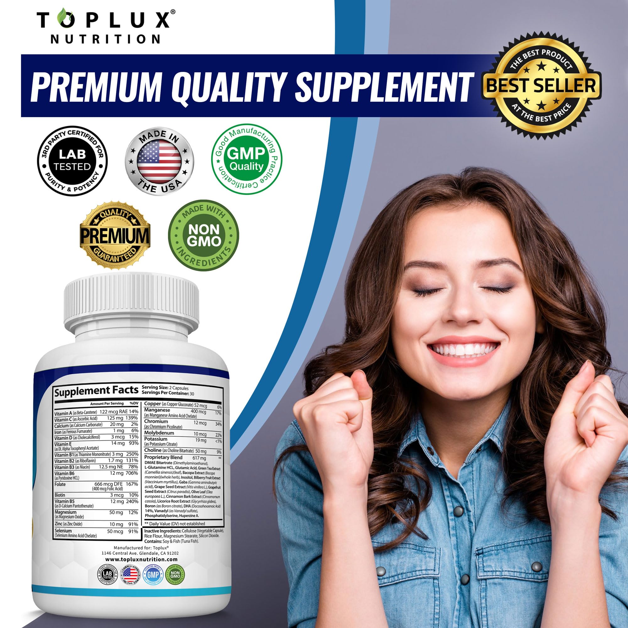 Toplux Brain Supplement Nootropic – Brain Pills Vitamin with DMAE, Bacopa Monnieri, L-Gutamine, for Men Women, 60 Capsules, Nutrition Toplux buy supplements canada