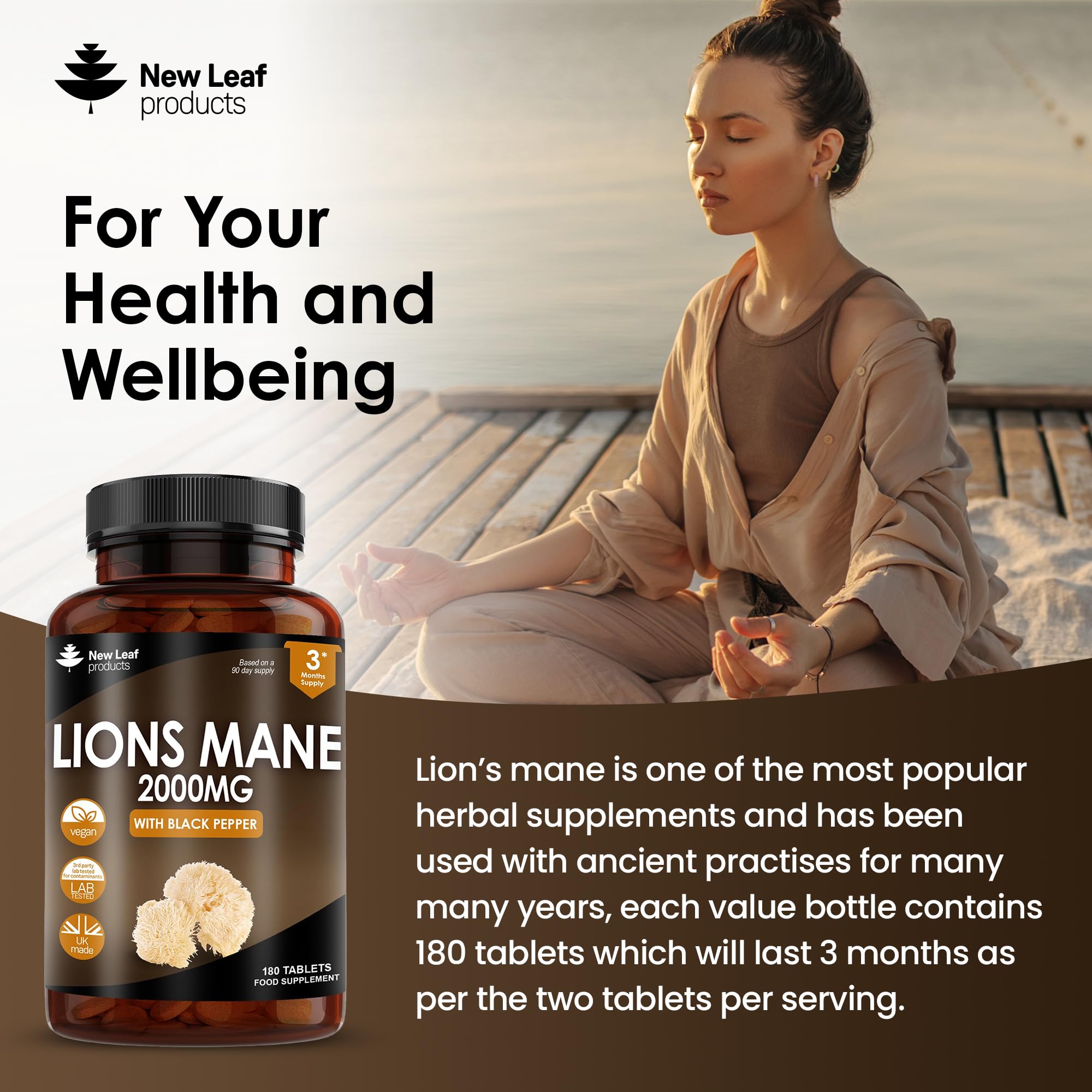 Lions Mane Mushroom Extract Supplement 2000mg - 180 High Strength Vegan Tablets NEW LEAF PRODUCTS buy supplements canada