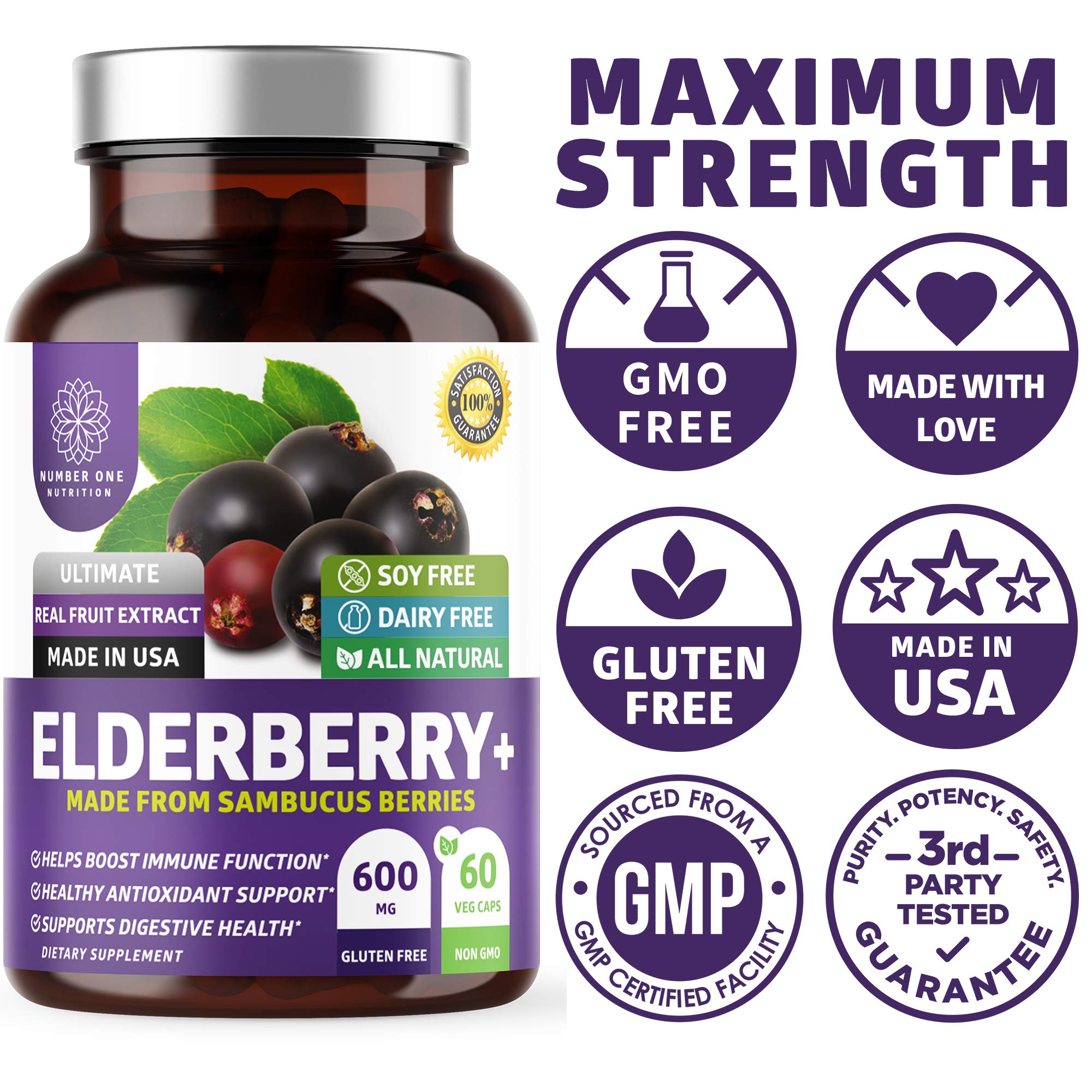 N1N Premium Black Elderberry Capsules for Adults [Max Strength] Pure and Potent Elderberry from Sambucus Nigra to Support Immunity & Skin Health, Non-GMO, Gluten Free, 60 Veg Caps Number One Nutrition buy supplements canada