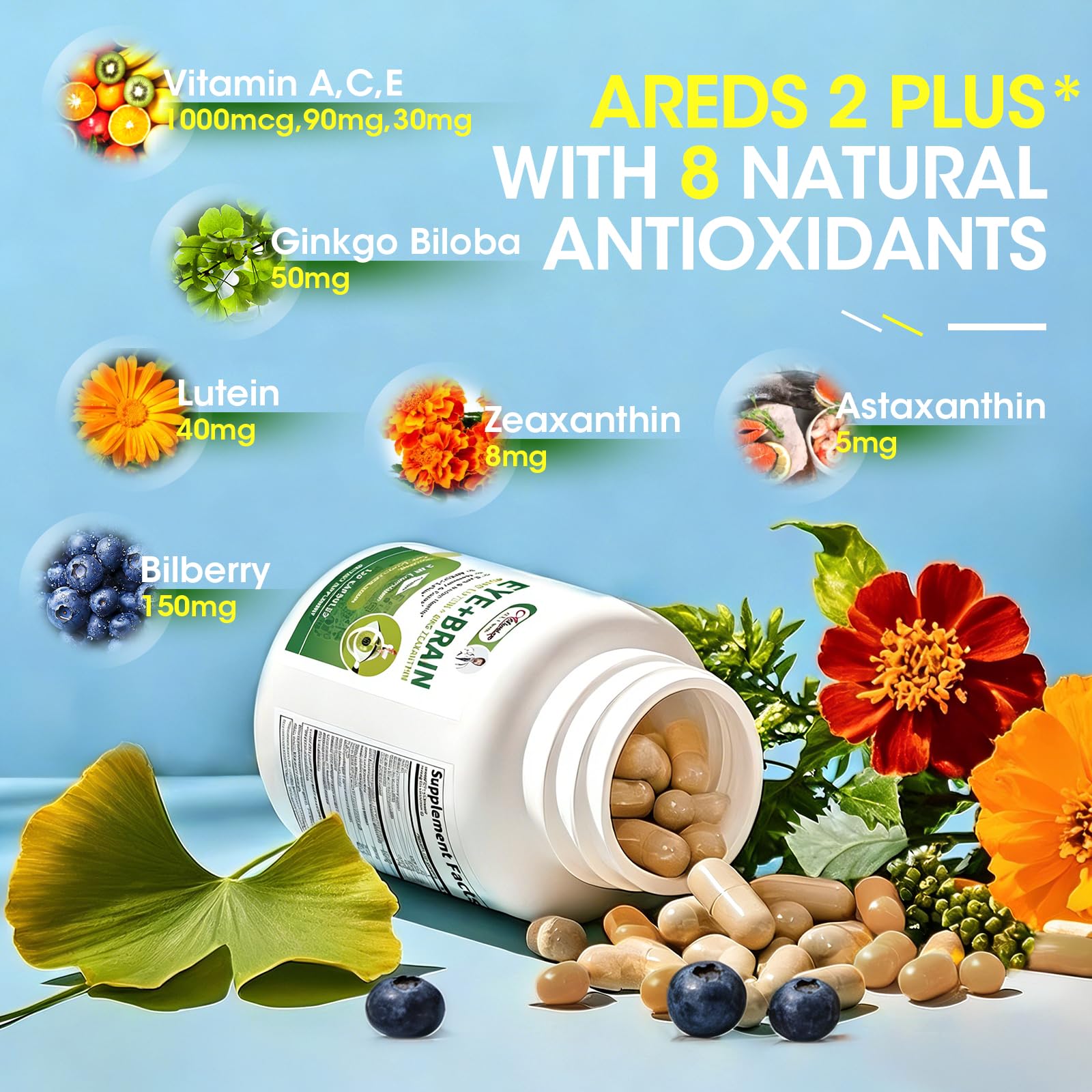 Eye + Brain Supplements for Memory and Focus, Lutein 40mg, Zeaxanthin, Astaxanthin, Bilberry, Lion’s Mane, Bacopa Monnieri, Ginkgo Biloba, 14 in 1 Eye Vitamins for Adults & Seniors 120 Capsules Alliwise buy supplements canada