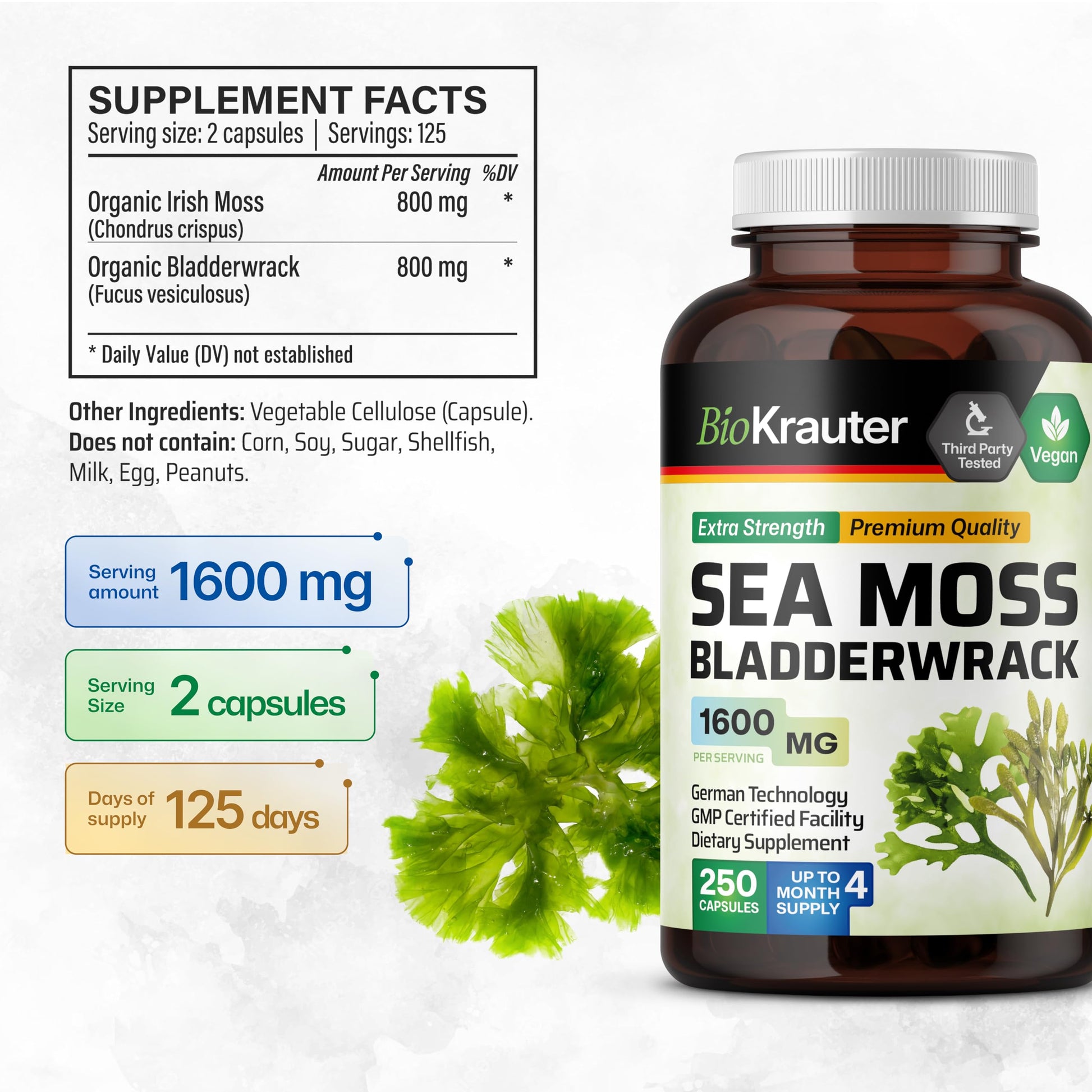 BIO KRAUTER® 2-in-1 Sea Moss for Thyroid Support - Vegan Bladderwrack & Sea Moss Capsules for Women & Men - Natural Сhondrus Сrispus Seaweed Supplement 1600 mg - 125 Days of Supply, Non-GMO BIO KRAUTER buy supplements canada