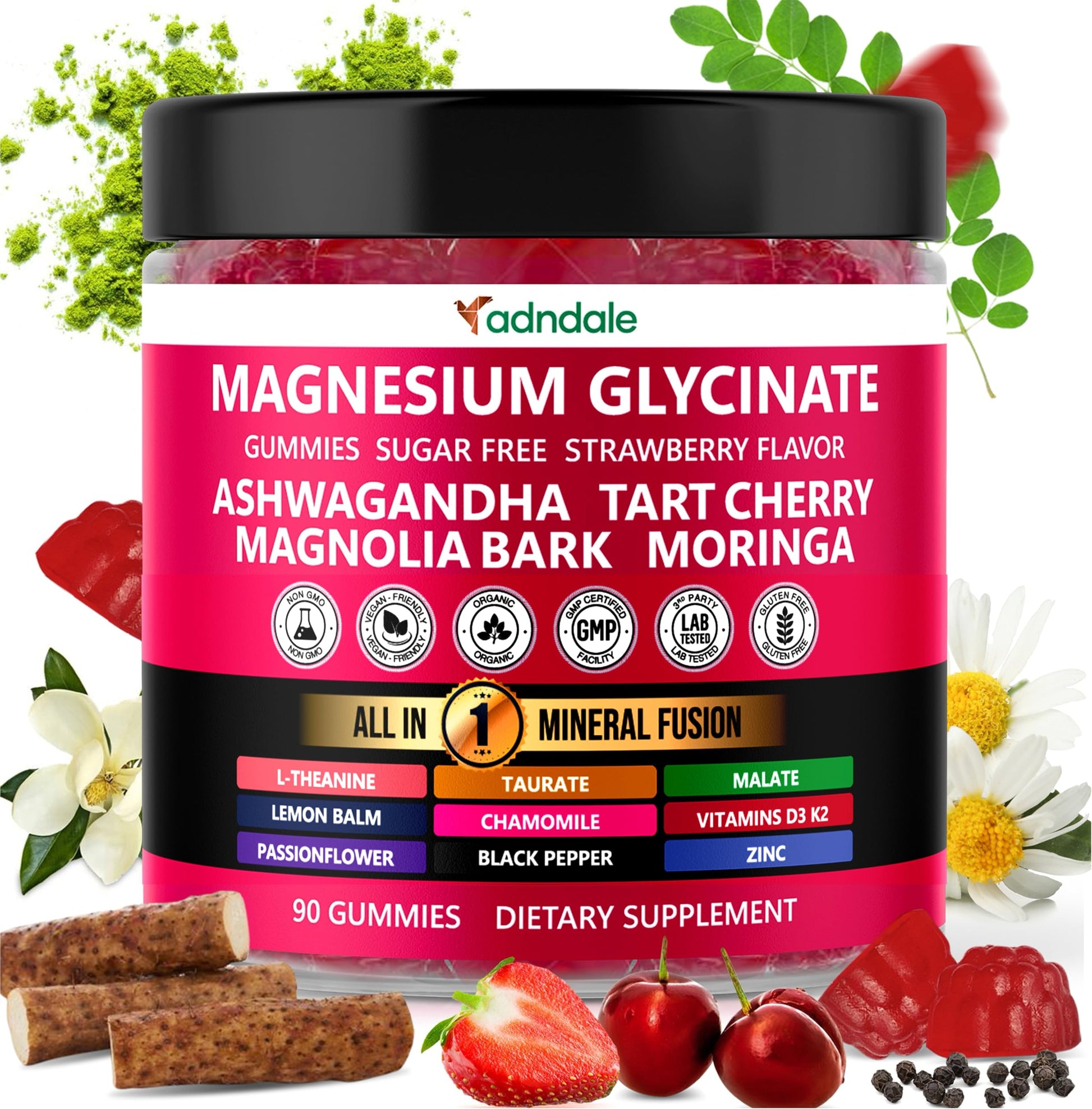 Adndale Magnesium Glycinate 400 mg Gummies with Ashwagandha, Magnesium Malate & Taurate, Tart Cherry, Magnolia Bark, Lemon Balm, Passionflower Adndale buy supplements canada
