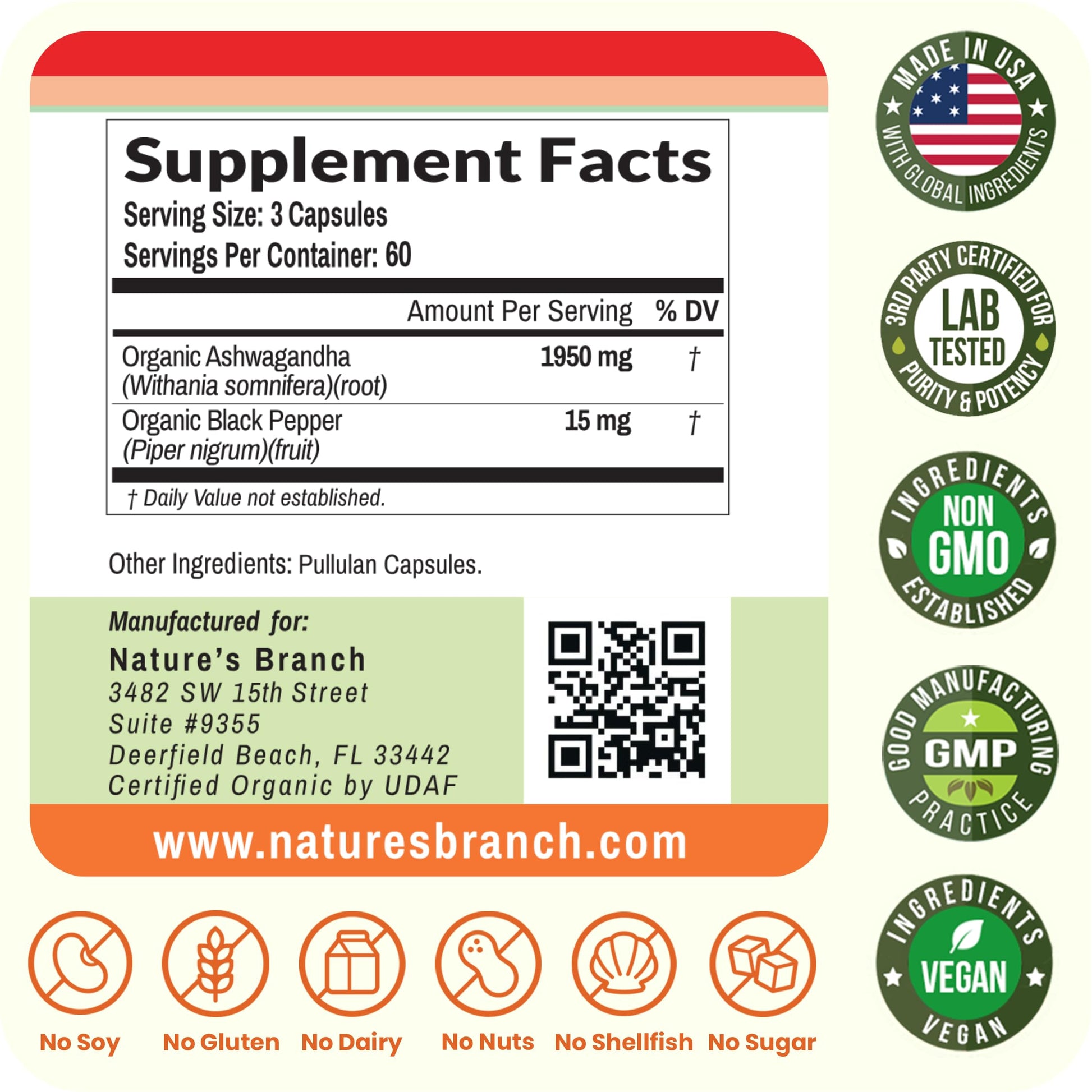 UDAF Certified Organic Ashwagandha with Black Pepper, 1965mg - Extra Strength for Stress, Sleep, Mood, Thyroid, Energy, Hair, Vegan Pure Root Extract Powder Supplement for Men and Women | 180 Capsules NATURE'S BRANCH buy supplements canada