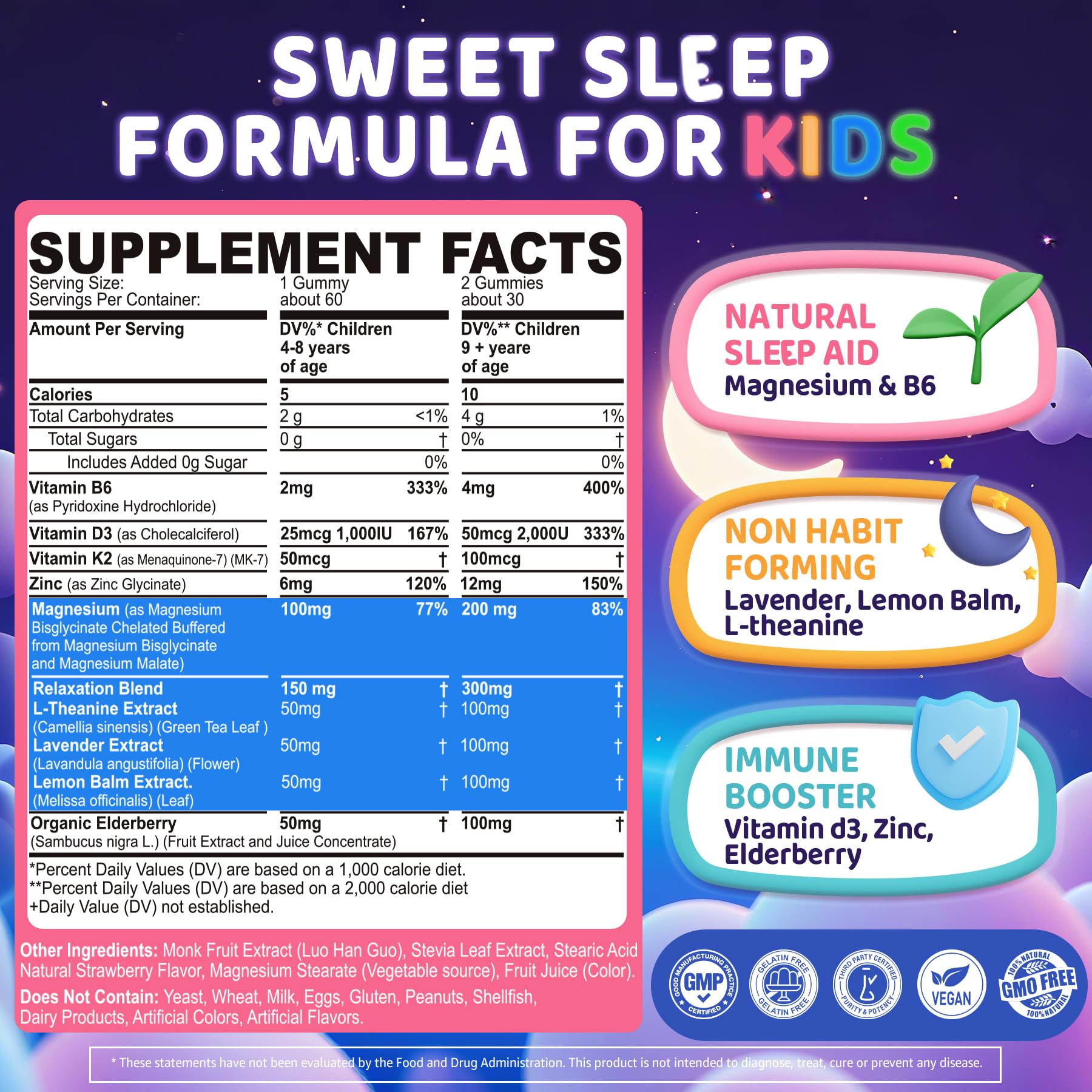 Kids Sleep Gummies, NO Melatonin Sleep Aid Gummies w/ Magnesium Glycinate, Magnesium Malate, L-Theanine, Lavender, B6, Zinc, D3K2 for Restful Sleep, Relax Brain & Muscle, Immune Support, Non-GMO 1Pack ELLAMENTZ buy supplements canada