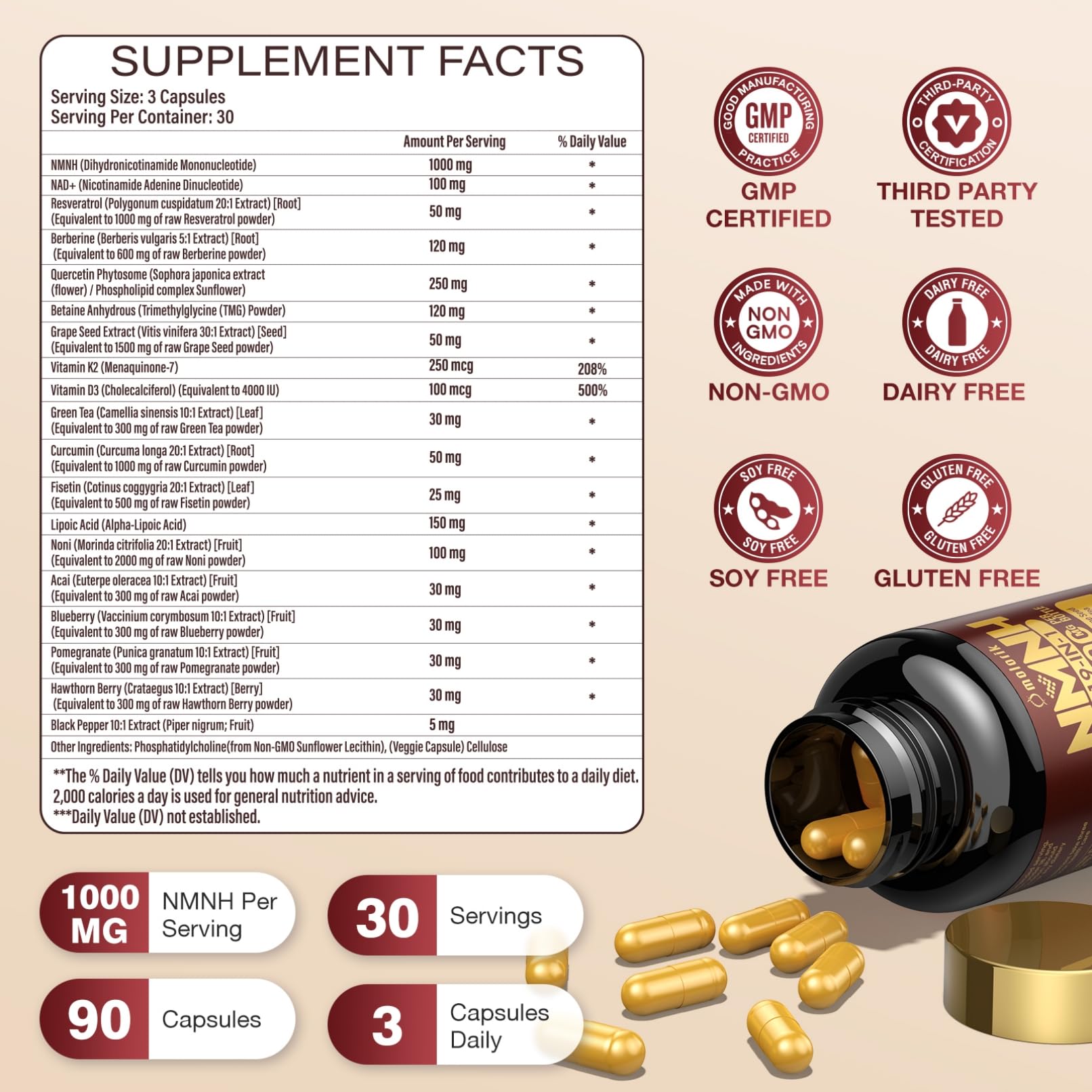 19 in 1 NMNH (Dihydronicotinamide Mononucleotide) 1000mg Per Serving, Nad Supplement Boost NAD+ Levels Nad Resveratrol Supplement with Quercetin, Vitamin D3 K2, Healthy Aging, Energy, 90 Capsules molorik pure buy supplements canada
