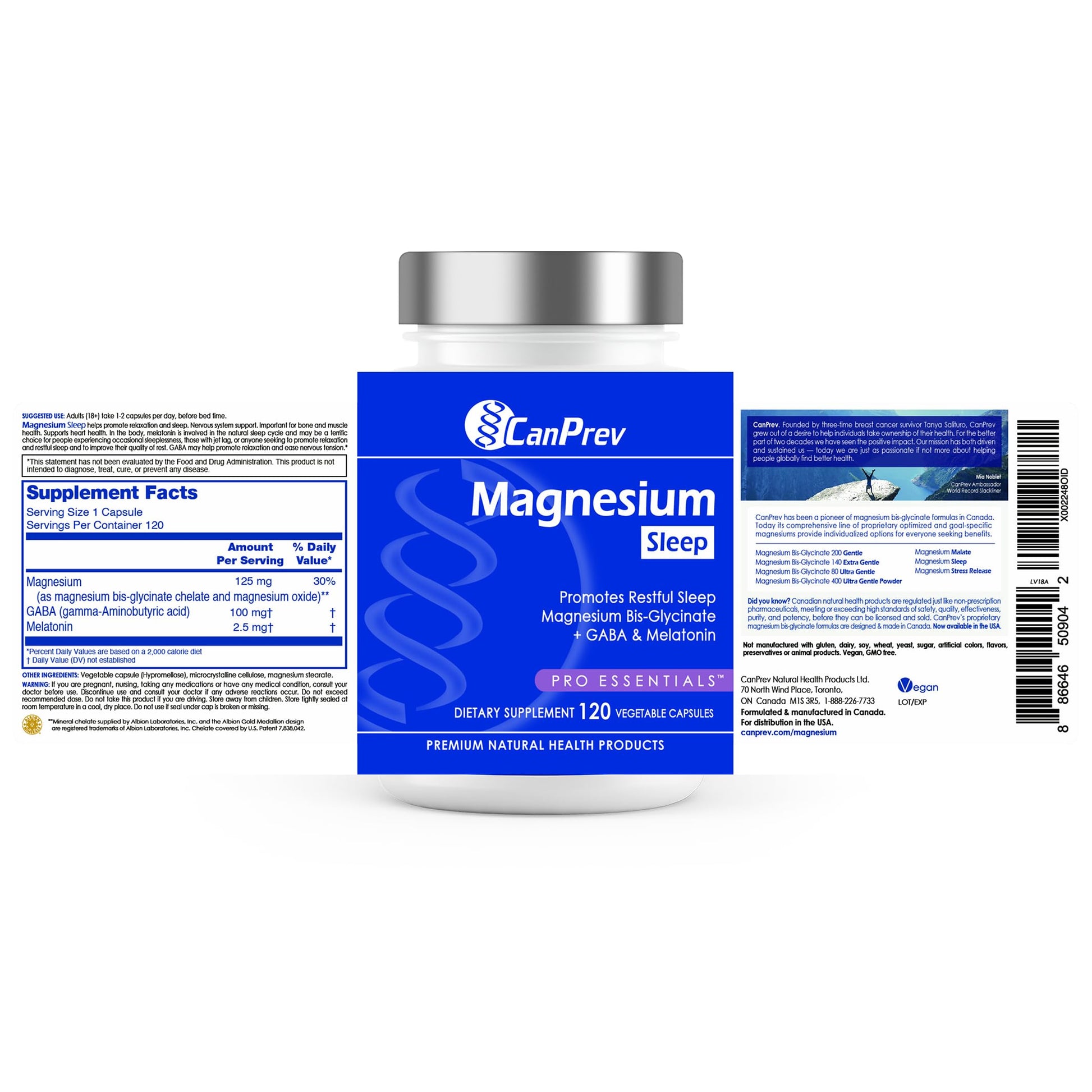 CanPrev Magnesium Bisglycinate Chelated + GABA & Melatonin, 120 Veg Caps, 120-Day Supply, Support Restful Night, Muscle Function, Promote Relaxation & Balanced Sleep-Wake Cycle, Vegan, No GMO & Gluten CanPrev buy supplements canada