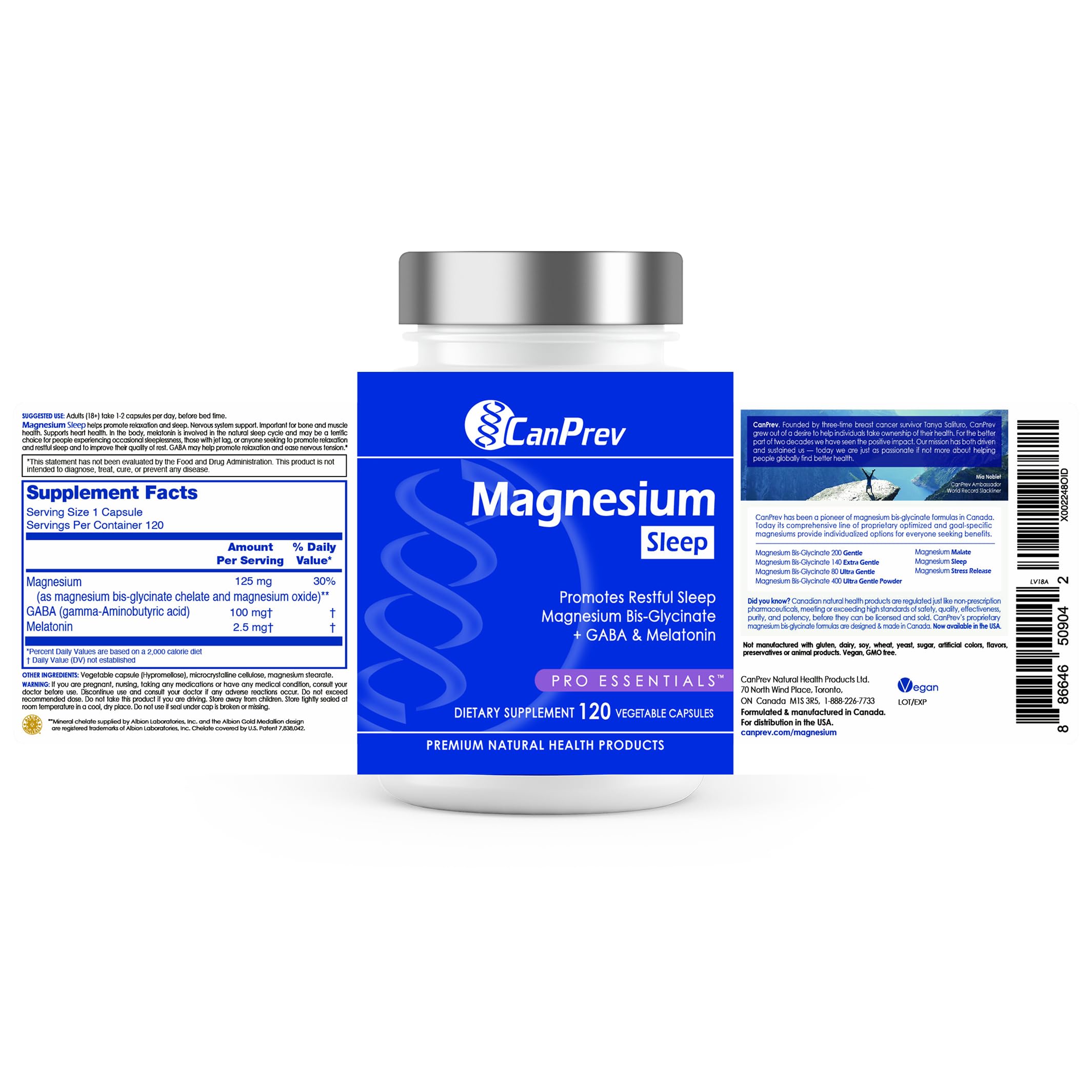 CanPrev Magnesium Bisglycinate Chelated + GABA & Melatonin, 120 Veg Caps, 120-Day Supply, Support Restful Night, Muscle Function, Promote Relaxation & Balanced Sleep-Wake Cycle, Vegan, No GMO & Gluten CanPrev buy supplements canada