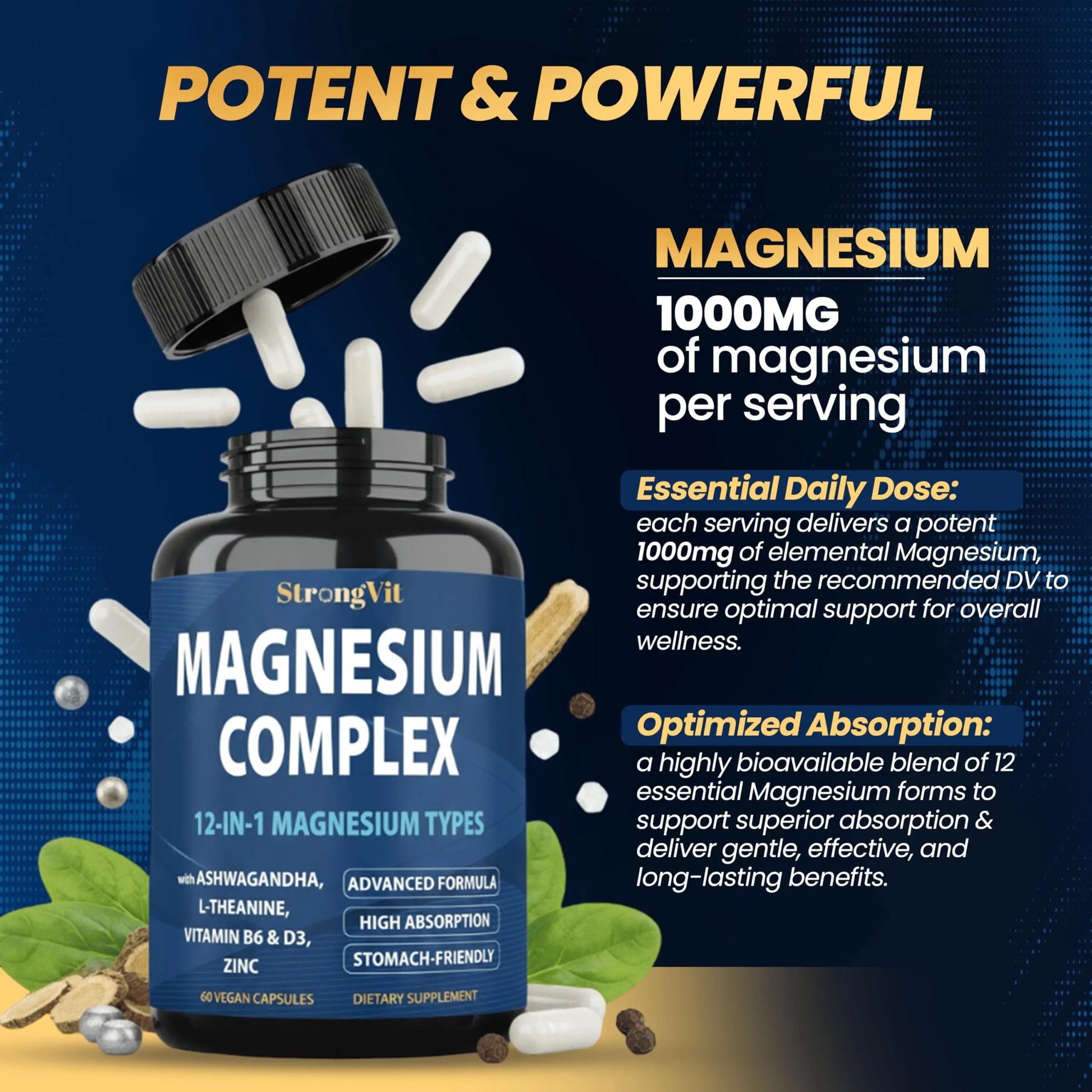 1000mg Magnesium Complex for Women and Men, 12 in 1 Magnesium Supplement with Ashwagandha, Zinc, D3, L-theanine. Easy to Swallow, High Absorption, Sleep Support & Stress Relief (60 Capsules) StrongVit buy supplements canada