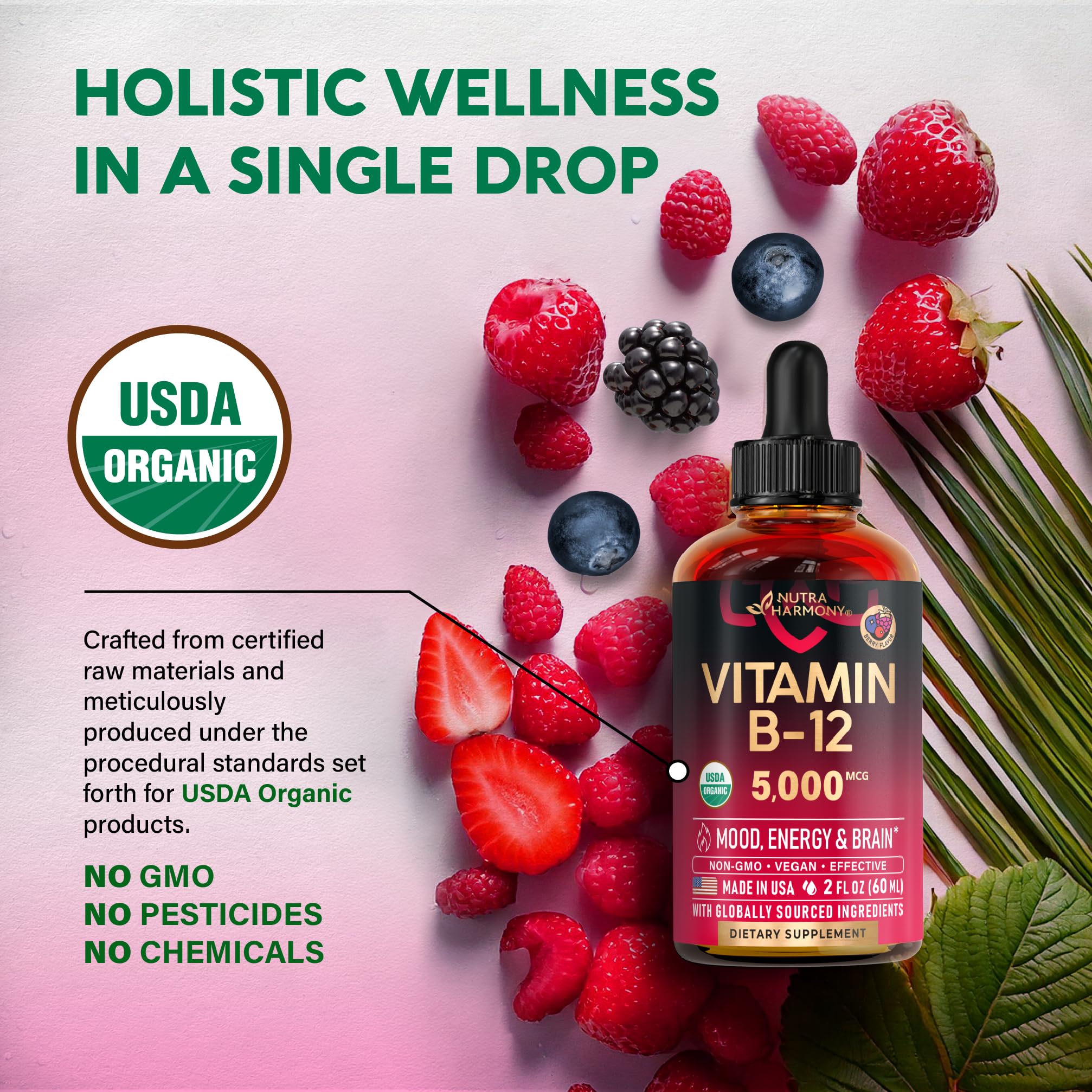 USDA Organic Vitamin B12 Sublingual Drops - 5000 mcg Liquid Vegan Methylcobalamin for Women & Men - Energy Boost, Focus & Mood, Brain Health Support NUTRAHARMONY buy supplements canada