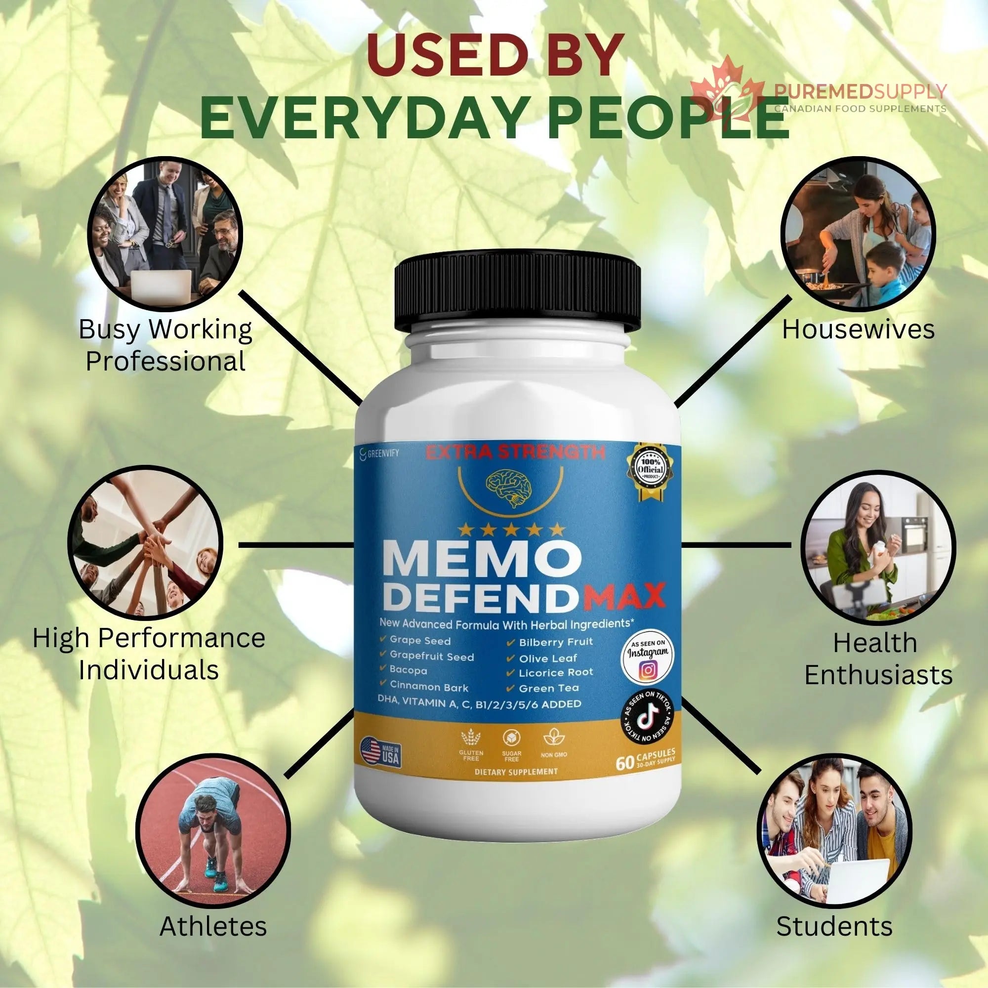 Memo Defend Max Memory Support Supplement, 60 Capsules, with Vitamins A C D E B Complex, DHA, Bacopa, Grapefruit Seed (1) GREENVIFY buy supplements canada