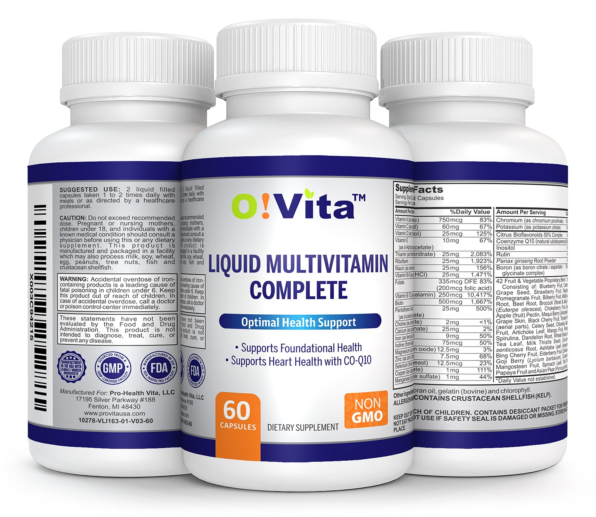 O!VITA Liquid Multivitamin Complete, with a Full Spectrum of Vitamins and Minerals, Plus 42 Fruits and Vegetable Proprietary Blend, Easy Absorption (60 Vegan Liquid Filled Capsules) O!VITA buy supplements canada