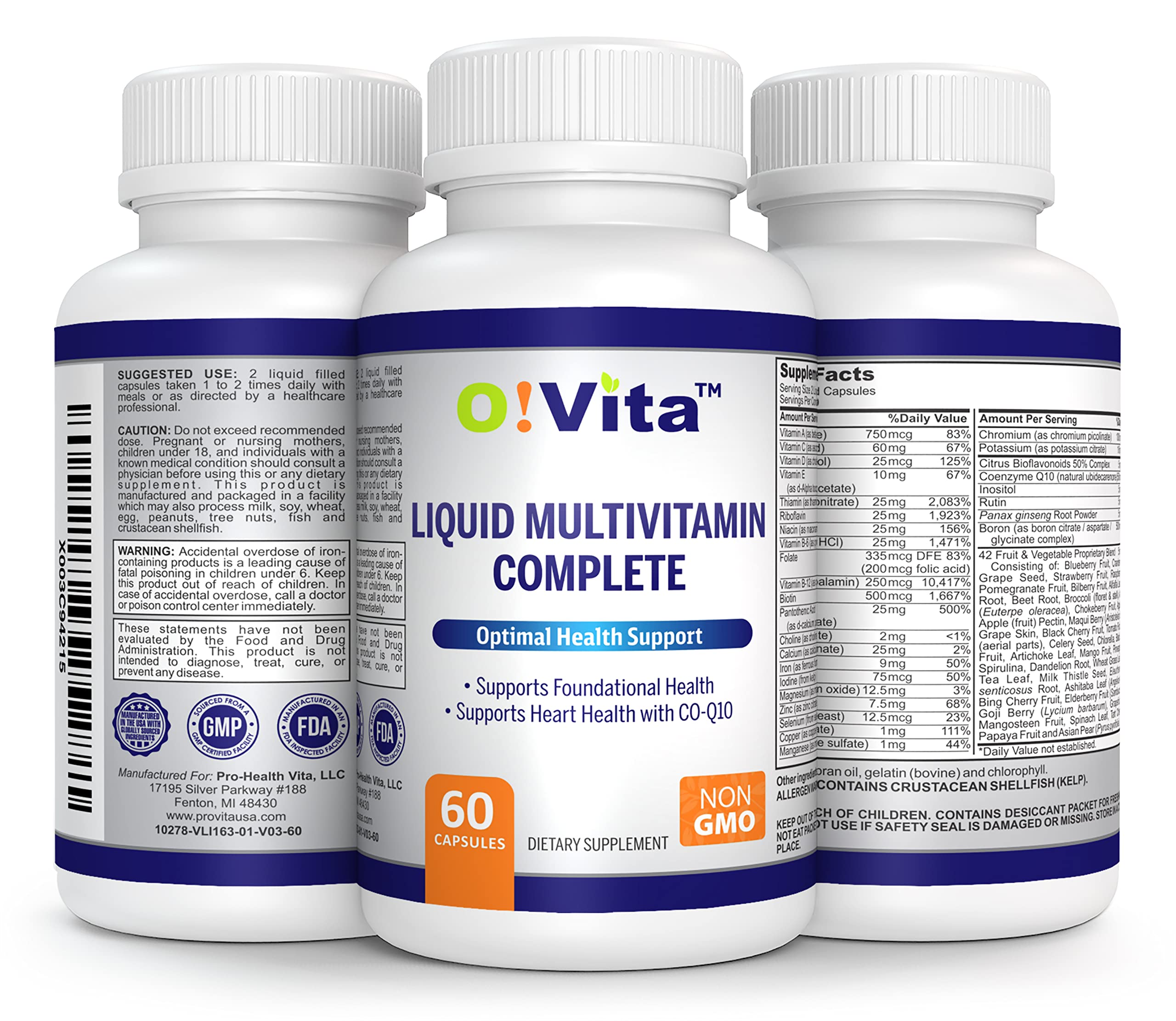 O!VITA Liquid Multivitamin Complete, with a Full Spectrum of Vitamins and Minerals, Plus 42 Fruits and Vegetable Proprietary Blend, Easy Absorption (60 Vegan Liquid Filled Capsules) O!VITA buy supplements canada