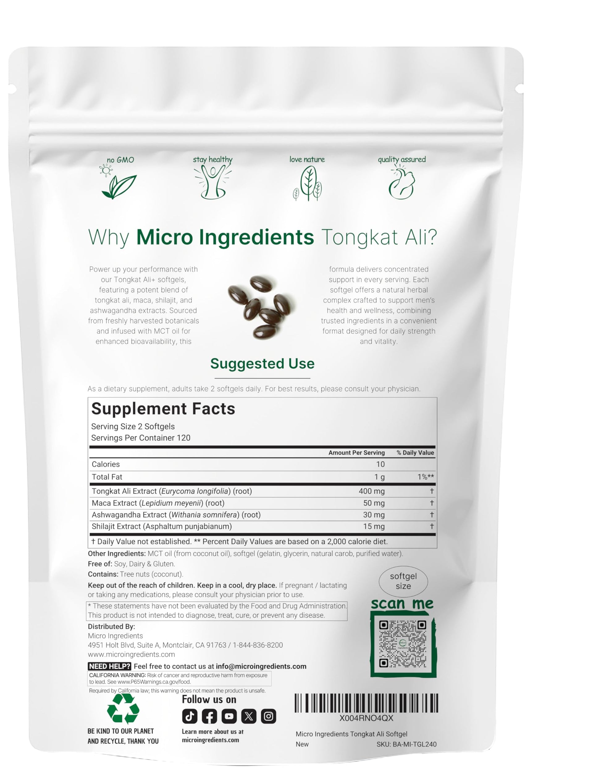 Tongkat Ali+ for Men with Maca, Shilajit, & Ashwagandha | 240 Softgels with MCT Oil for Better Absorption | Max Strength Eurycoma Longifolia Extract (Longjack) | Non-GMO, Gluten Free Micro Ingredients buy supplements canada