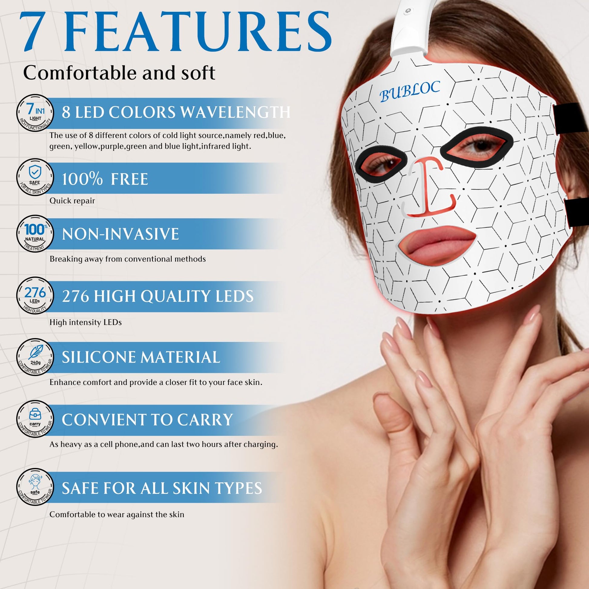 BUBLOC Red Light Therapy Mask, Led Contour Face Mask Light Therapy, 7 Color Red Light Face Mask BUBLOC buy supplements canada