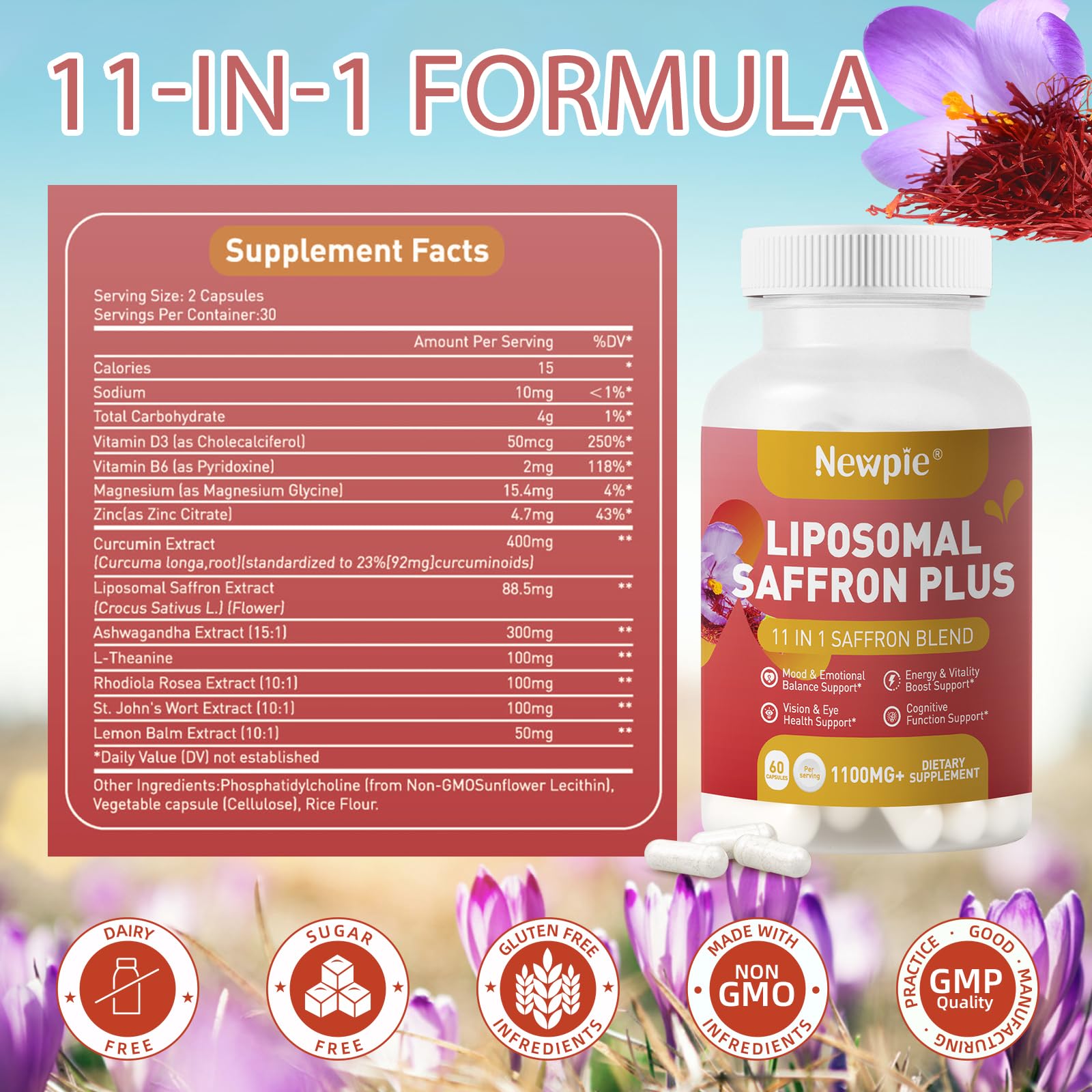 Newpie Saffron Supplements - 100% Pure Saffron Extract Capsules - Natural Mood Enhancer, Supports Eye & Heart Health, Boosts Energy - Premium Supplement for Women & Men（60 Servings (1) Newpie buy supplements canada