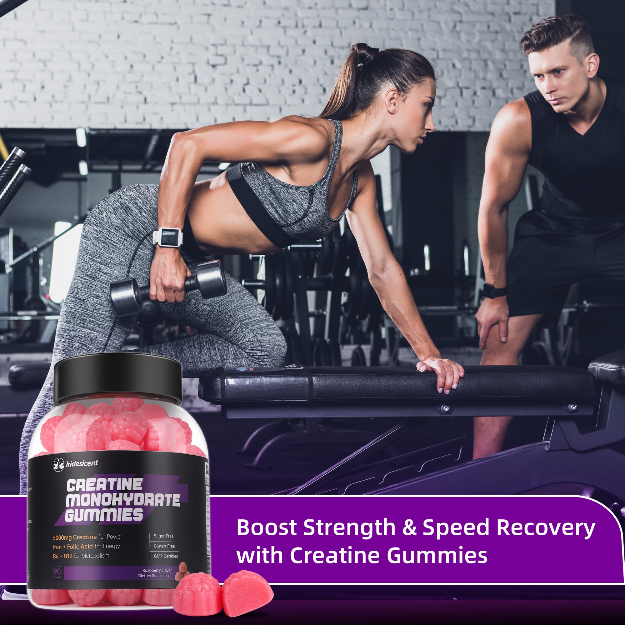 IRIDESICENT Creatine Monohydrate Gummies 5000mg w/Iron, Vitamin B6 & B12, Sugar Free 5g Creatine Supplements for Women and Men Boost Energy & Muscle Recovery - 90 Raspberry Gummies IRIDESICENT buy supplements canada
