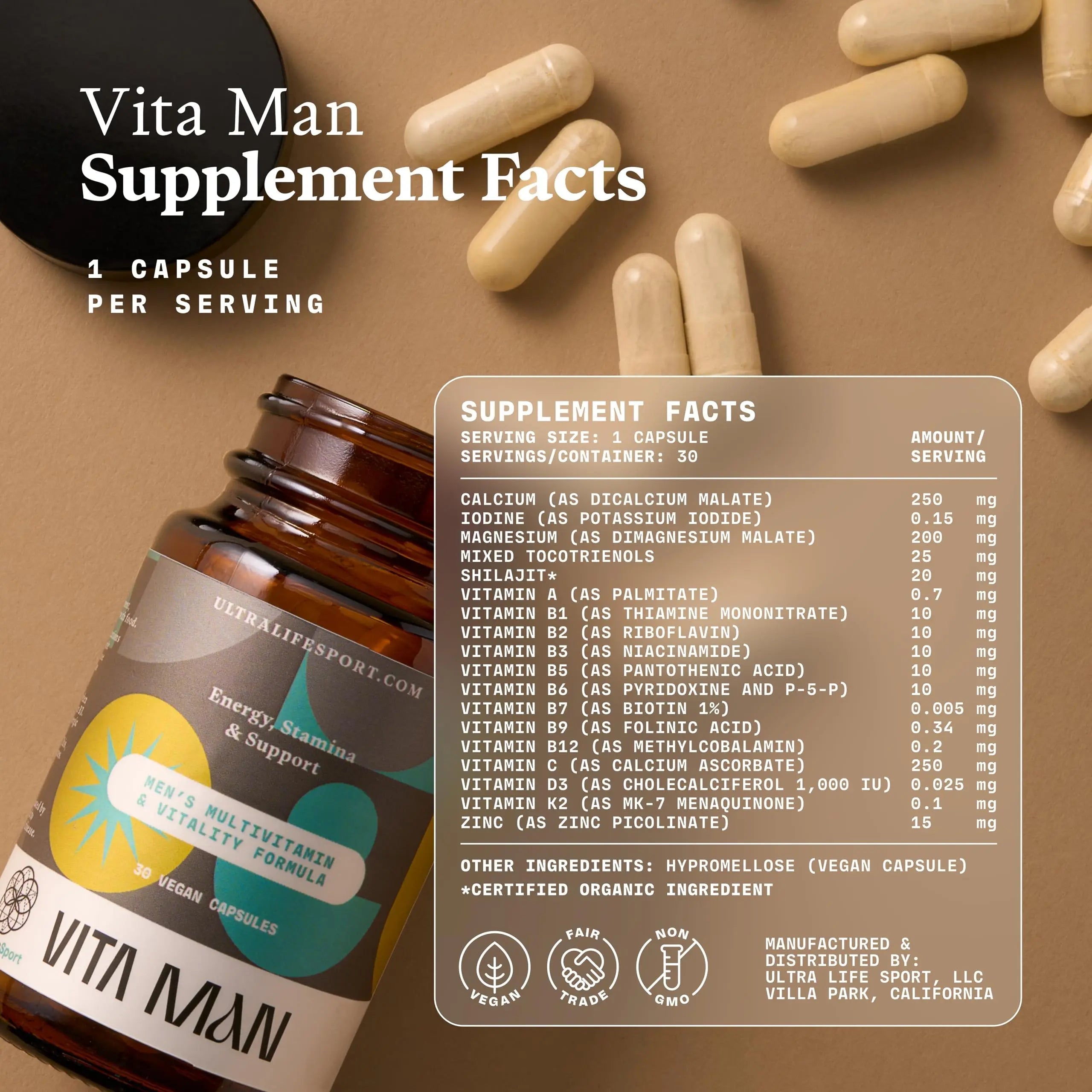 Ultra Life Sport - VITA Man Premium Men's Multivitamin - 30 Capsule Daily Vitamins for Men with Vitamin E, K2 MK-7, and B Vitamins for Maximum Absorption Ultra Life Sport buy supplements canada