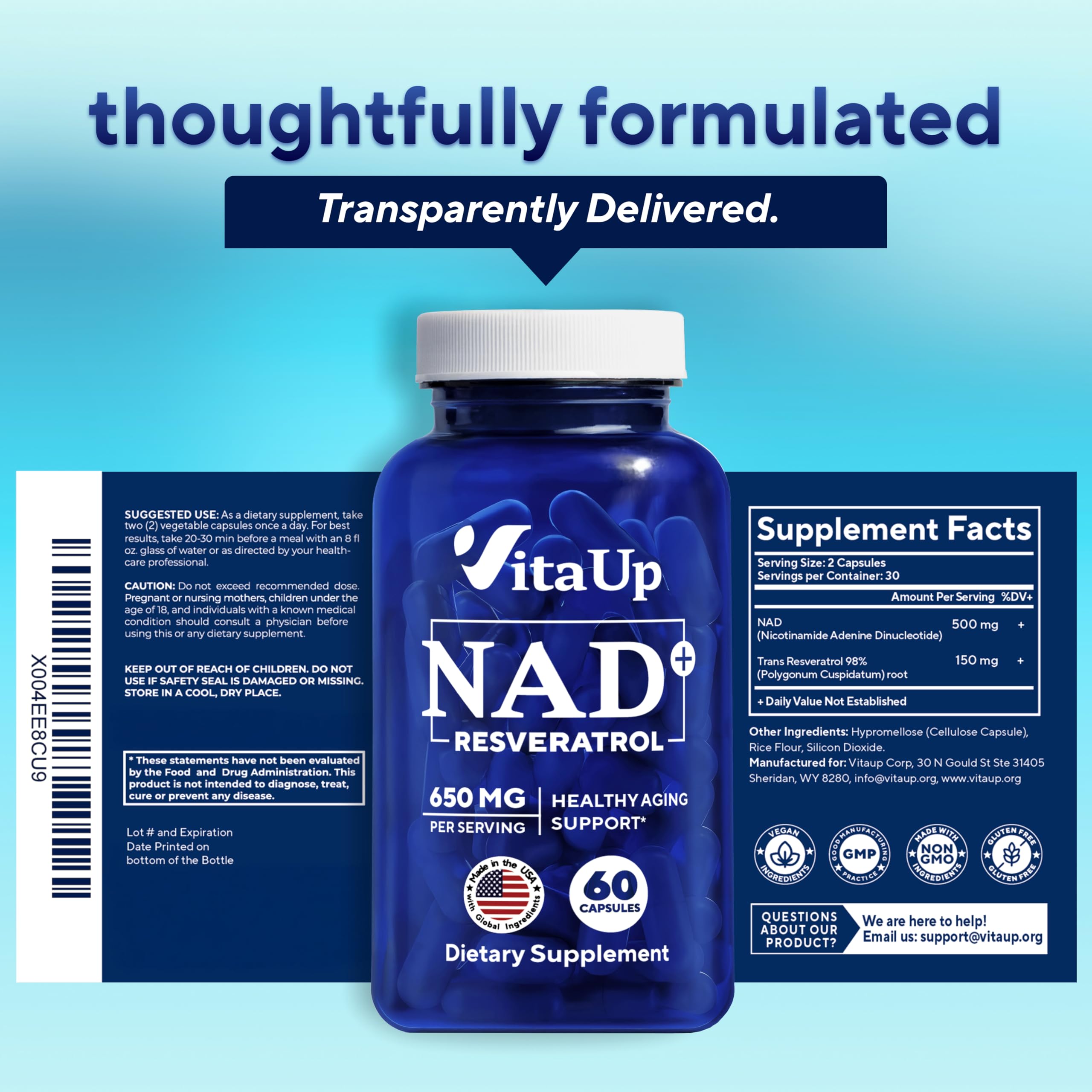 VitaUp NAD+ Resveratrol Supplement - USA Made Trans Resveratrol NAD Supplement 650mg - Nicotinamide Adenine Dinucleotide Capsules for Healthy Aging, Energy & Focus Support - 60 Count VitaUp buy supplements canada