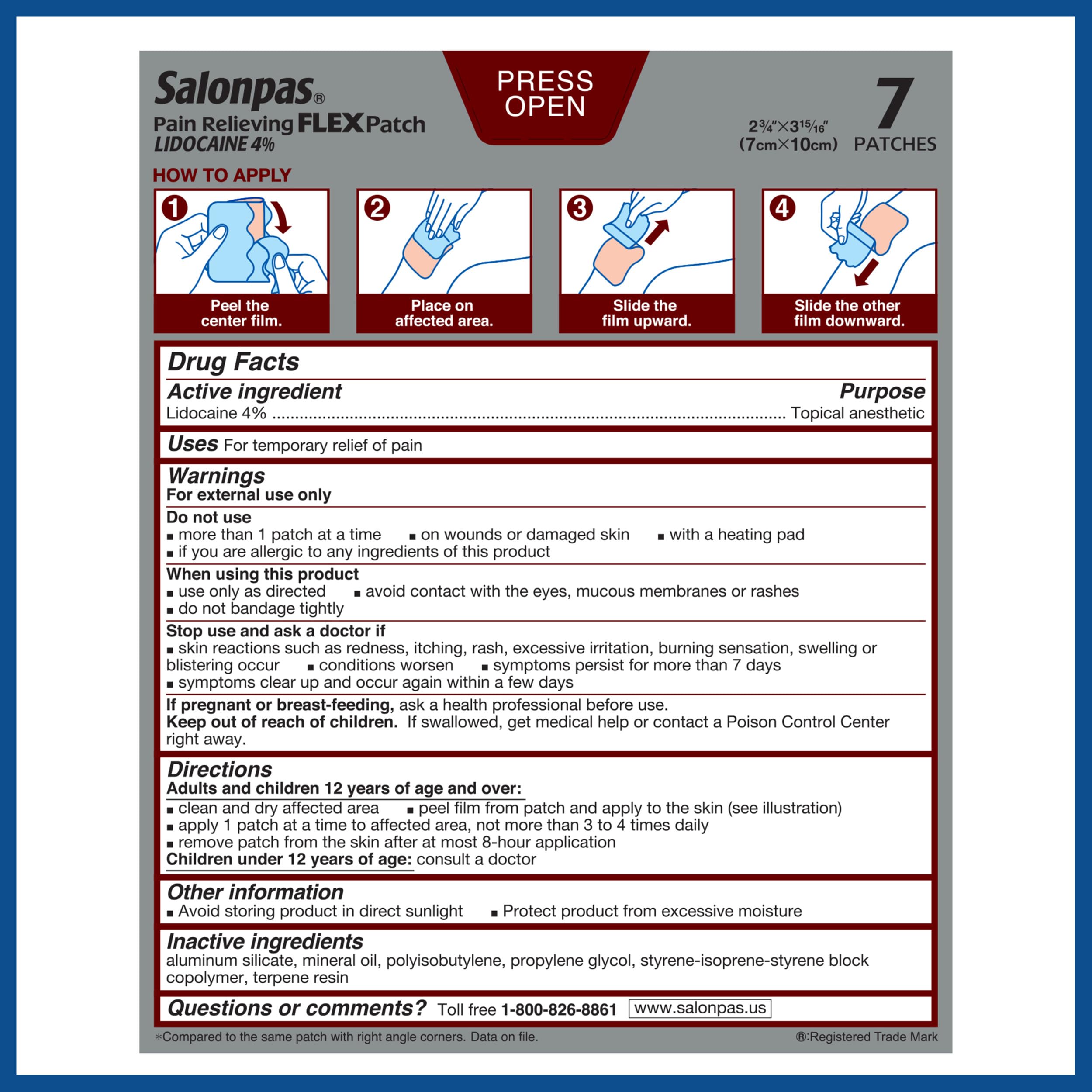 Salonpas Maximum OTC Strength Lidocaine 4% Pain Relieving Flex Patch, Apply for Up to 8 Hours, Unscented, Thin, Flexible, Lightweight, Patch Stays in Place, 7 Patches Salonpas buy supplements canada