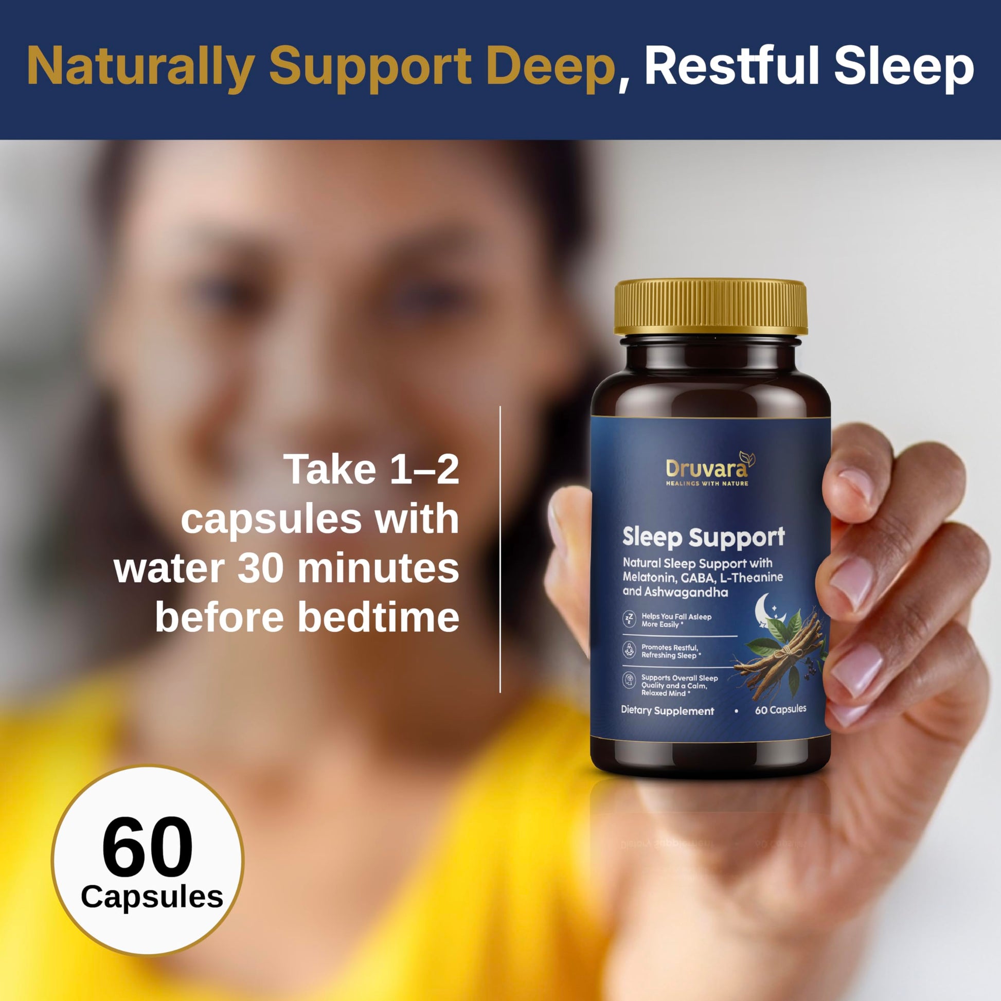 Druvara Natural Sleep Aid for Adults with Melatonin, GABA, L-Theanine & Ashwagandha, Natural Sleep Supplement for Deep, Restful Sleep - 60 Capsules Druvara buy supplements canada