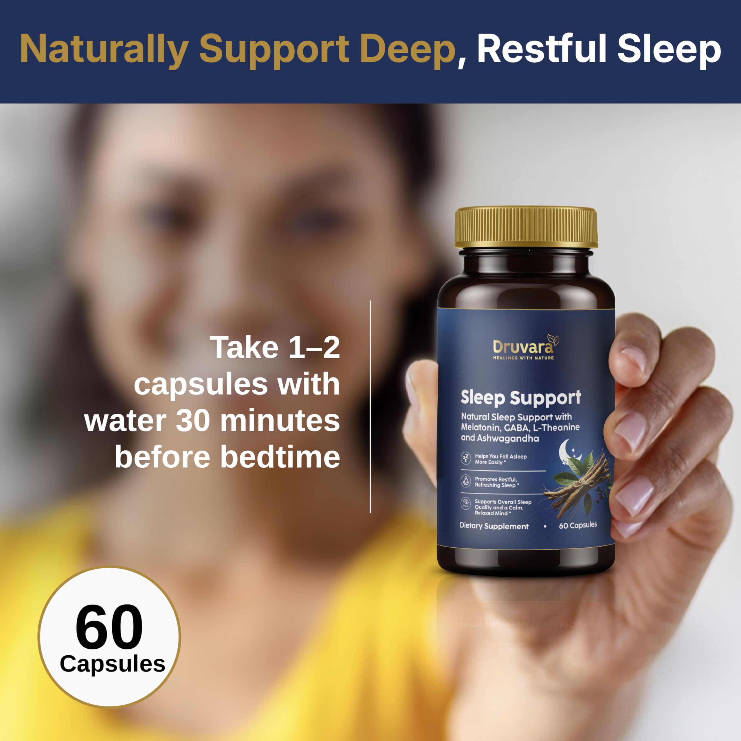 Druvara Natural Sleep Aid for Adults with Melatonin, GABA, L-Theanine & Ashwagandha, Natural Sleep Supplement for Deep, Restful Sleep - 60 Capsules Druvara buy supplements canada