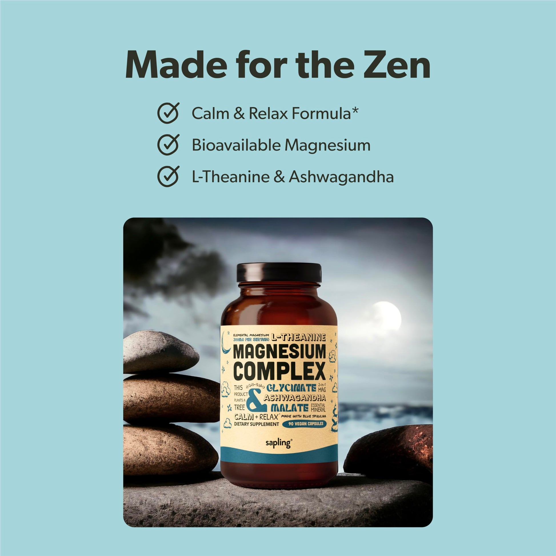 Magnesium Glycinate Complex Supplement - Chelated Magnesium Glycinate with Malate, Organic Ashwagandha, L-theanine & Blue Spirulina - High Absorption, Vegan, Non-GMO, 300mg, 90 Veggie Caps sapling buy supplements canada