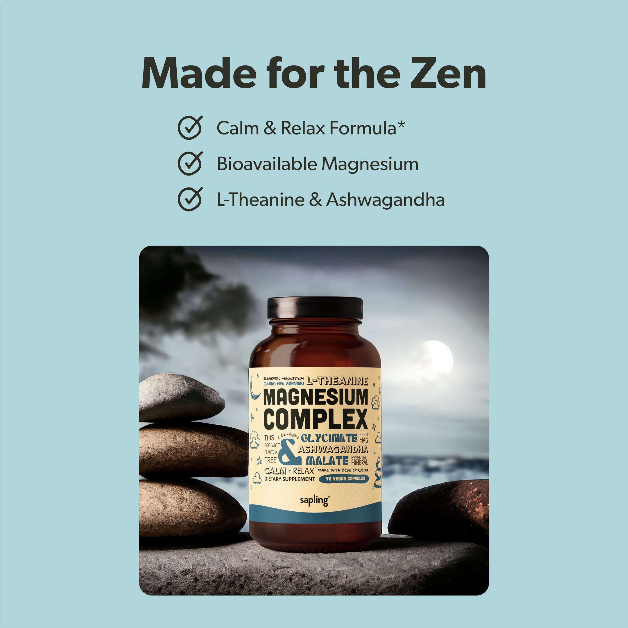 Magnesium Glycinate Complex Supplement - Chelated Magnesium Glycinate with Malate, Organic Ashwagandha, L-theanine & Blue Spirulina - High Absorption, Vegan, Non-GMO, 300mg, 90 Veggie Caps sapling buy supplements canada