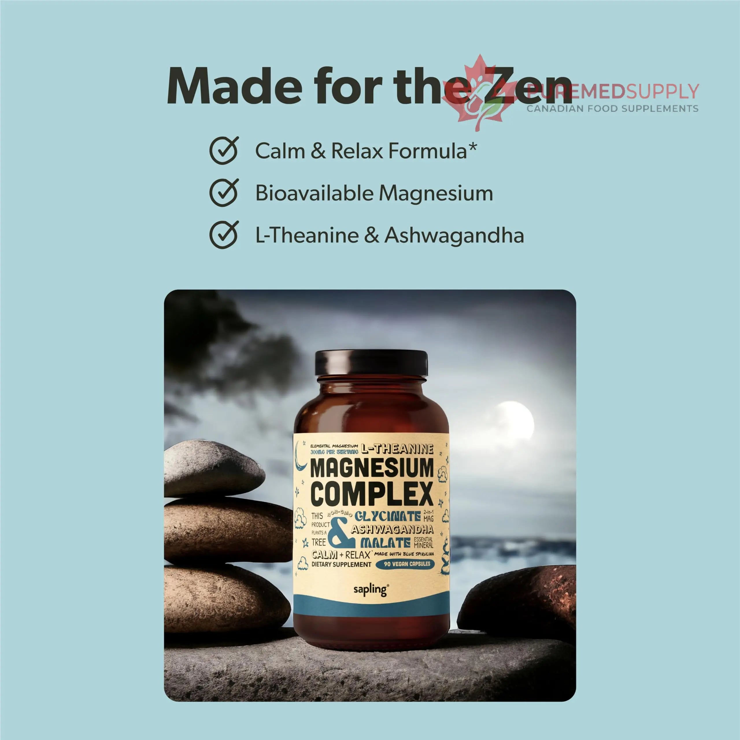 Magnesium Glycinate Complex Supplement - Chelated Magnesium Glycinate with Malate, Organic Ashwagandha, L-theanine & Blue Spirulina - High Absorption, Vegan, Non-GMO, 300mg, 90 Veggie Caps sapling buy supplements canada
