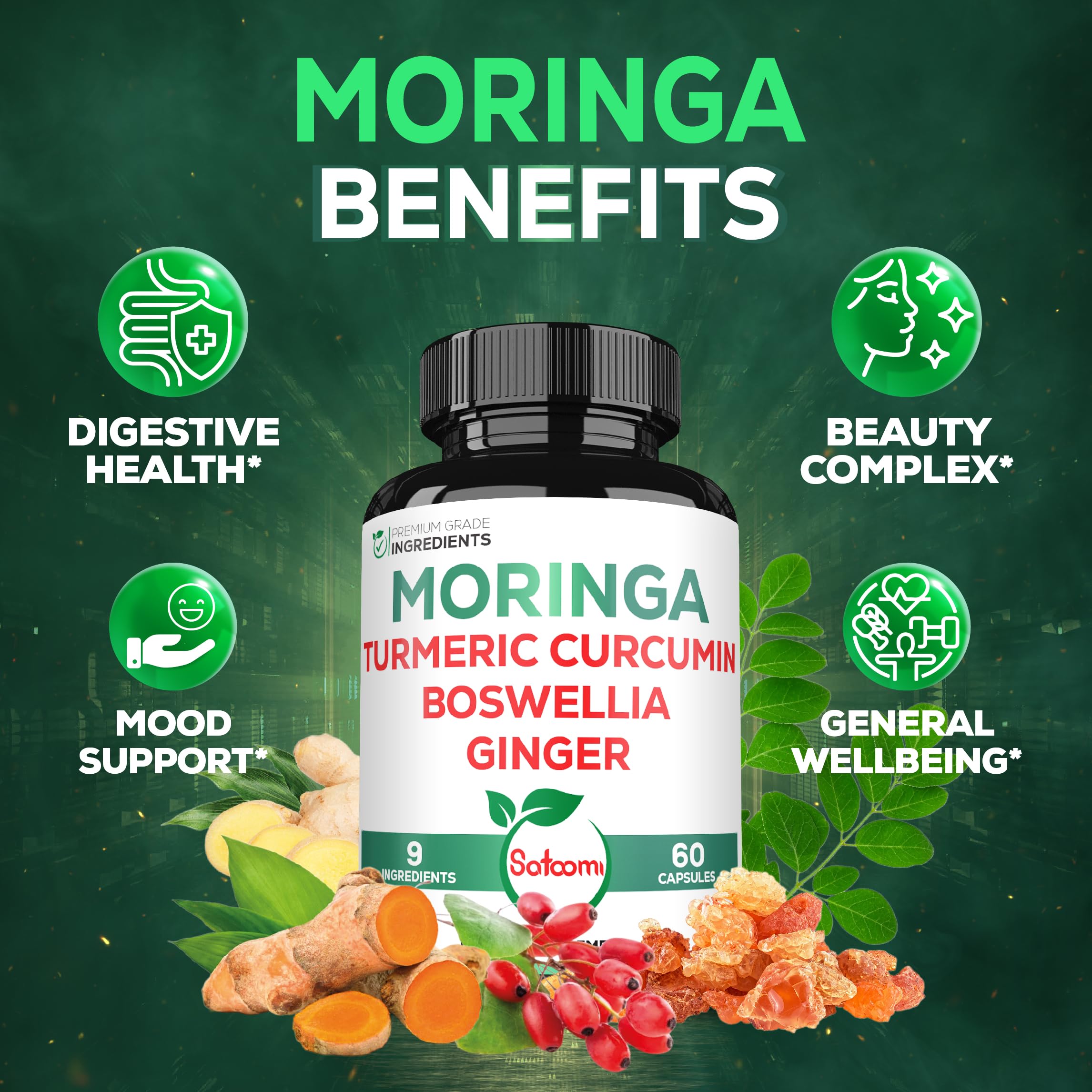 Satoomi 9in1 Moringa Capsules - Featuring Moringa, Turmeric, Boswellia, Ginger, Ashwagandha, Ceylon Cinnamon and Milk Thistle, and Resveratrol | Support Mood, Heart & Overall Health - 60 Count Satoomi buy supplements canada