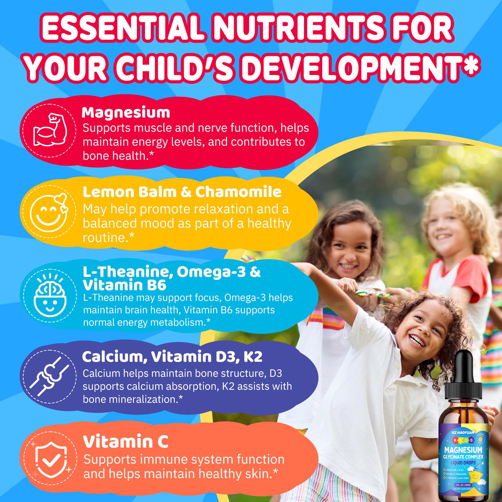 Kids Magnesium Glycinate Liquid Drops‌ – with L-Theanine, Omega-3, Vitamins B6 & D3, Zinc & Calcium – for Sleep Support, Relaxation, Focus & Brain, Bones – Strawberry Flavor, 2 Fl Oz GZ HAOYUAN buy supplements canada