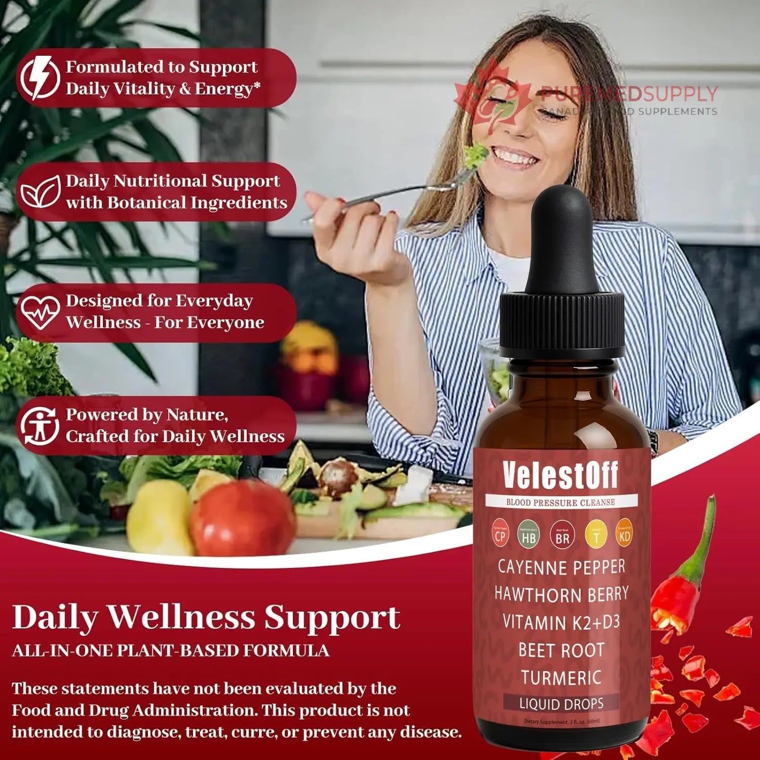Velestoff Cayenne Pepper | Cayenne Heart & Circulation Blend – Botanical Extracts with Hawthorn, Beet Root, Turmeric, Vitamin K2 & D3 – Daily Wellness Drops (2 fl oz) (2) DFTLUUE buy supplements canada