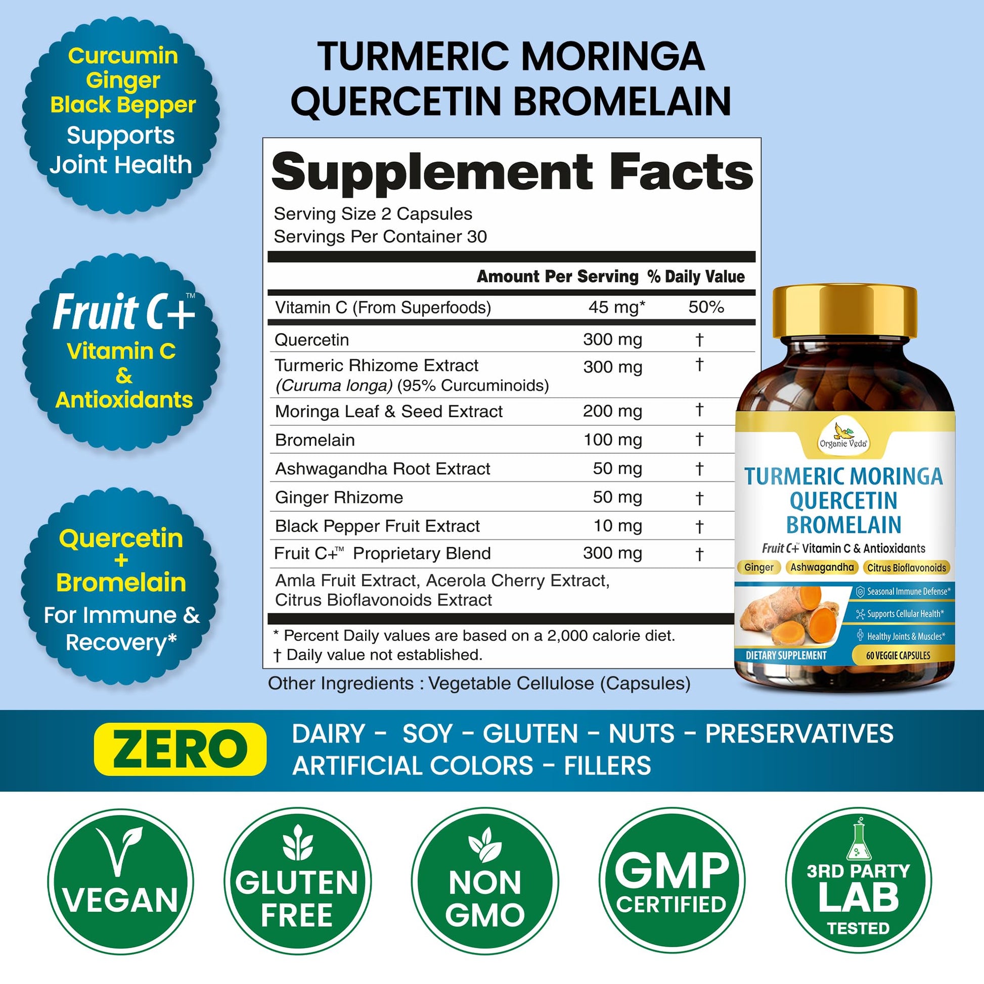 Organic Veda Turmeric Moringa Quercetin with Bromelain Capsules - Fruit C+ Vitamin C Antioxidants Immune System & Respiratory Supplement - Ashwagandha, Ginger, Citrus Bioflavonoids, 60 Vegan Capsule Organic Veda buy supplements canada
