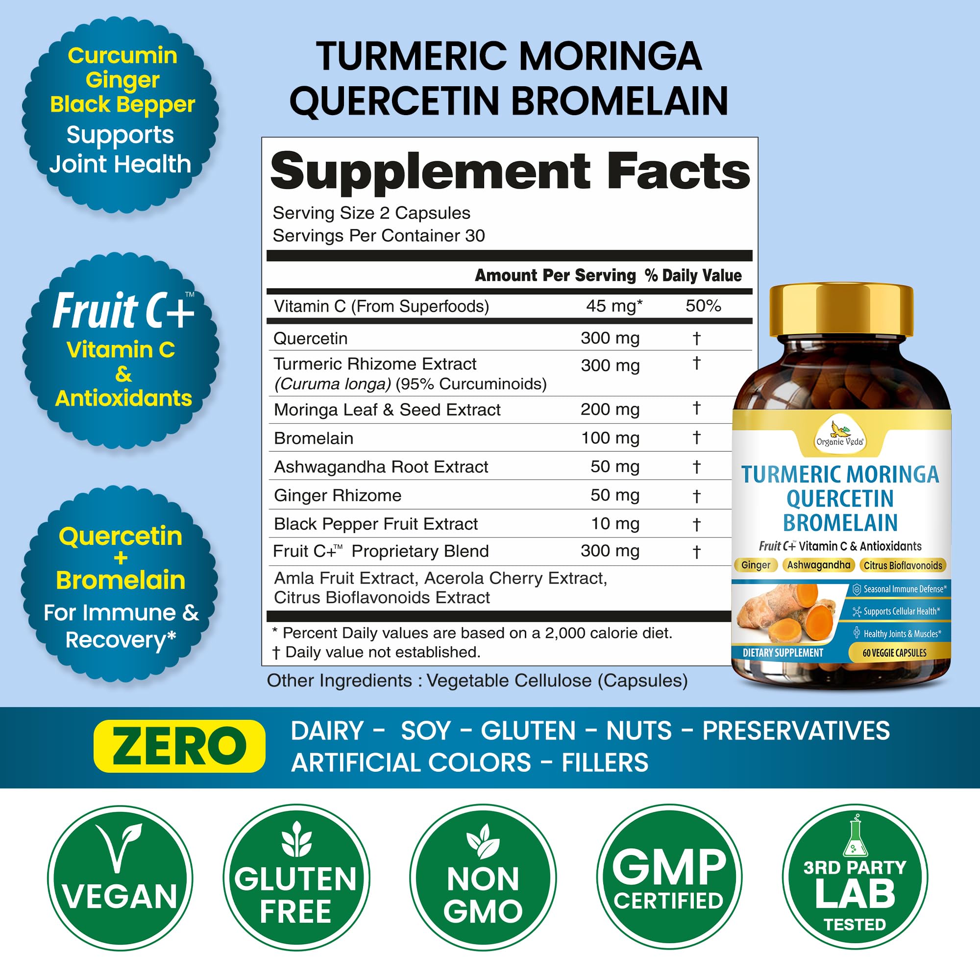 Organic Veda Turmeric Moringa Quercetin with Bromelain Capsules - Fruit C+ Vitamin C Antioxidants Immune System & Respiratory Supplement - Ashwagandha, Ginger, Citrus Bioflavonoids, 60 Vegan Capsule Organic Veda buy supplements canada