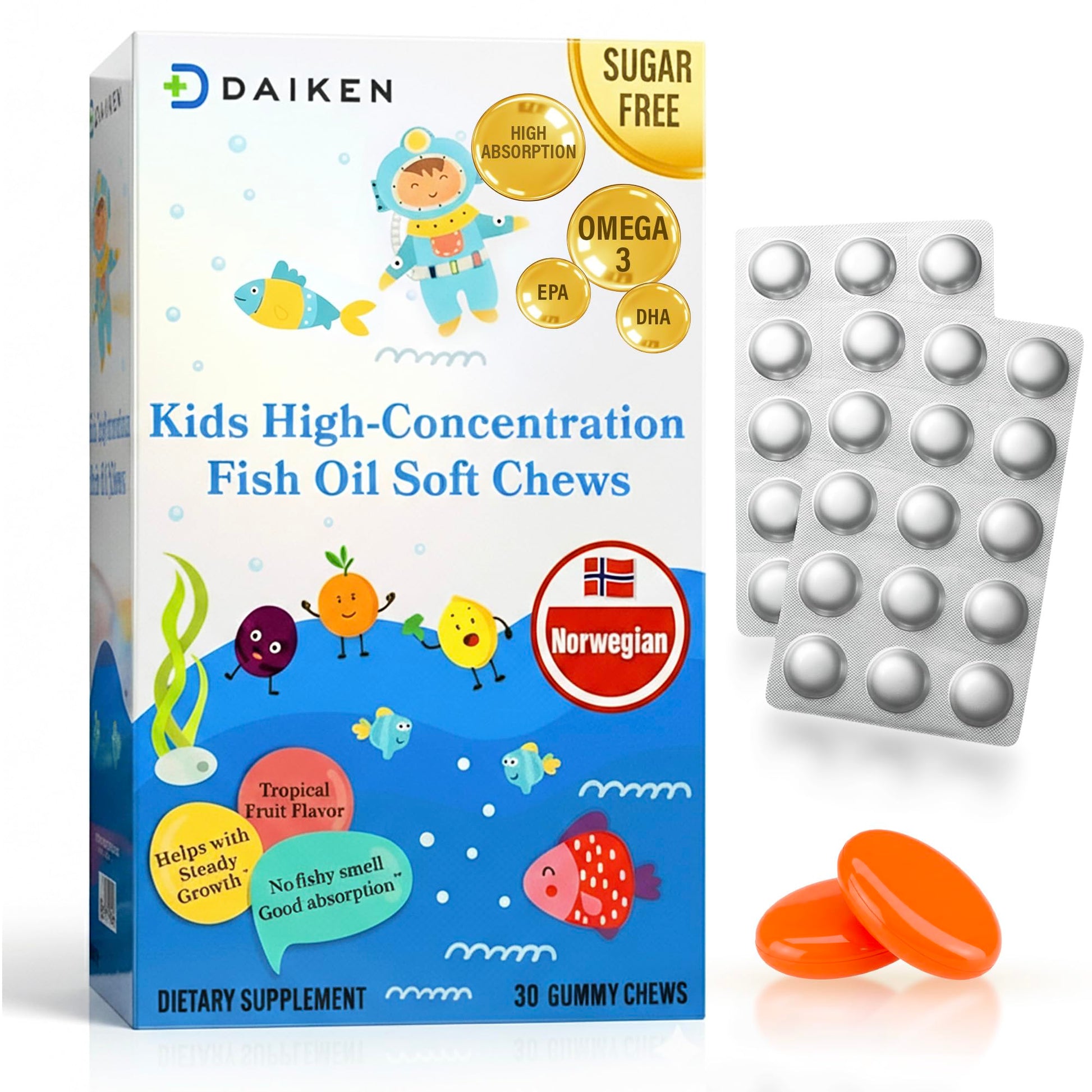 DAIKEN High Concentration Kids Fish Oil Omega-3 Gummies, No Sugar Added, Individually Wrapped, 300 mg Omega-3 (DHA & EPA) with Vitamin D3 for Kid, 30 Count, Tropical Fruit Flavor, Norwegian Sourced DAIKEN buy supplements canada