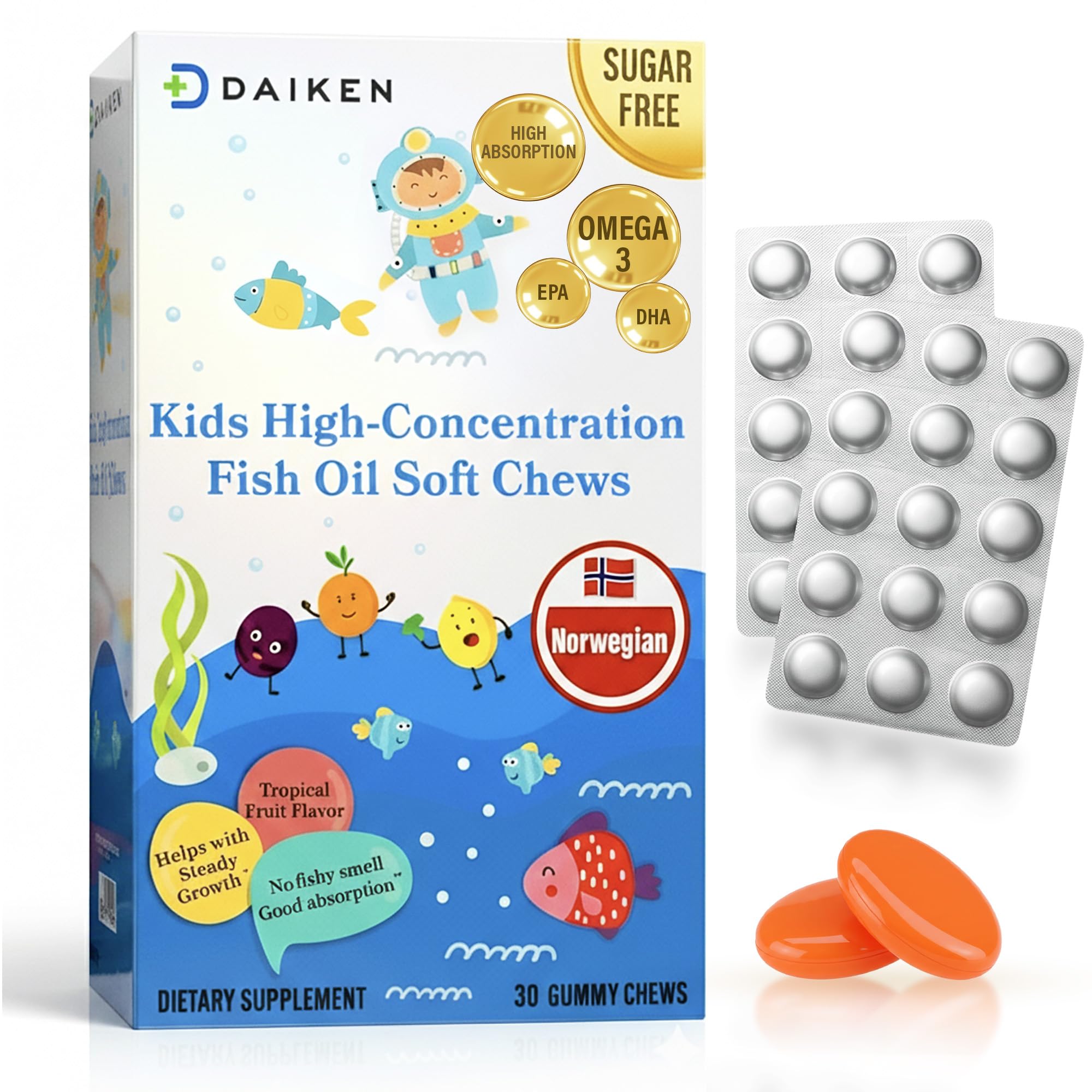 DAIKEN High Concentration Kids Fish Oil Omega-3 Gummies, No Sugar Added, Individually Wrapped, 300 mg Omega-3 (DHA & EPA) with Vitamin D3 for Kid, 30 Count, Tropical Fruit Flavor, Norwegian Sourced DAIKEN buy supplements canada