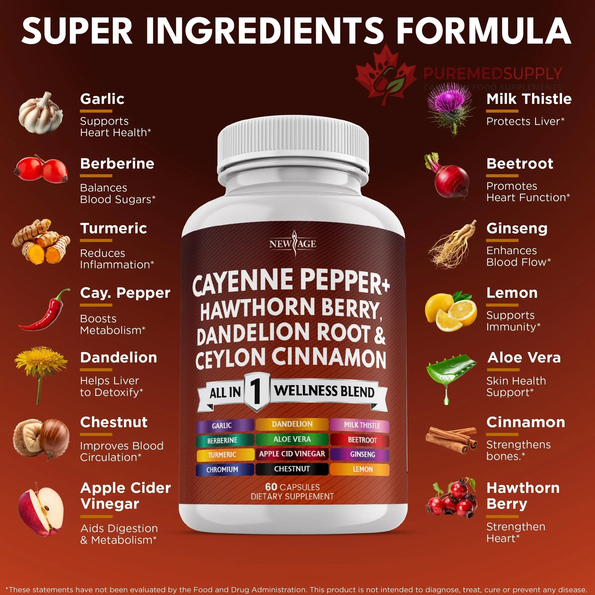 NEW AGE Cayenne Pepper Capsules Supplement with Hawthorn Berry, Dandelion Root, Ceylon Cinnamon, Garlic, Ginger, ACV, Milk Thistle, Beet Root, Aloe Vera - 120 Count NEW AGE buy supplements canada