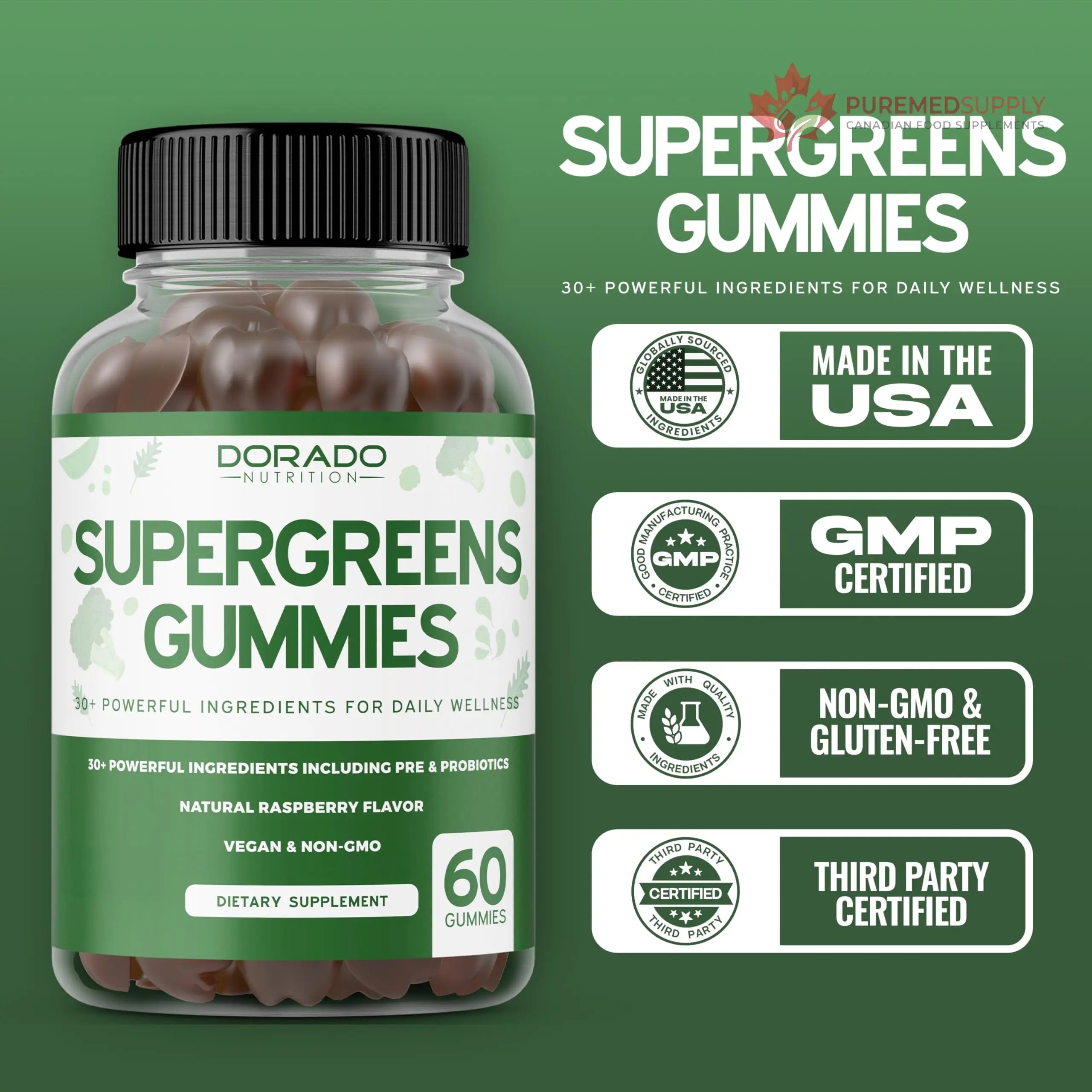 Supergreens Gummies (60 Count) Daily Greens Gummies - Greens Supplements with 8 Ingredient Power Blend - Superfood for Immunity Support for Adults - Third Party Tested, Vegan & USA Made (Pack of 2) DORADO NUTRITION buy supplements canada
