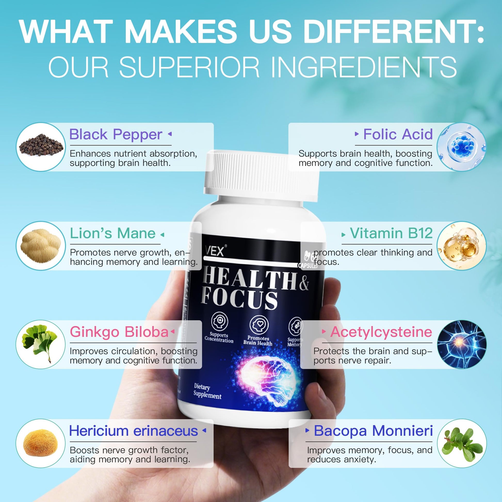 VEX Supplement – Memory & Clarity Support with Folic Acid, Vitamin B, Acetylcysteine, Bacopa Monnieri, Lion’s Mane, Ginkgo Biloba & Black Pepper – Cognitive, 60 Capsules VEX buy supplements canada