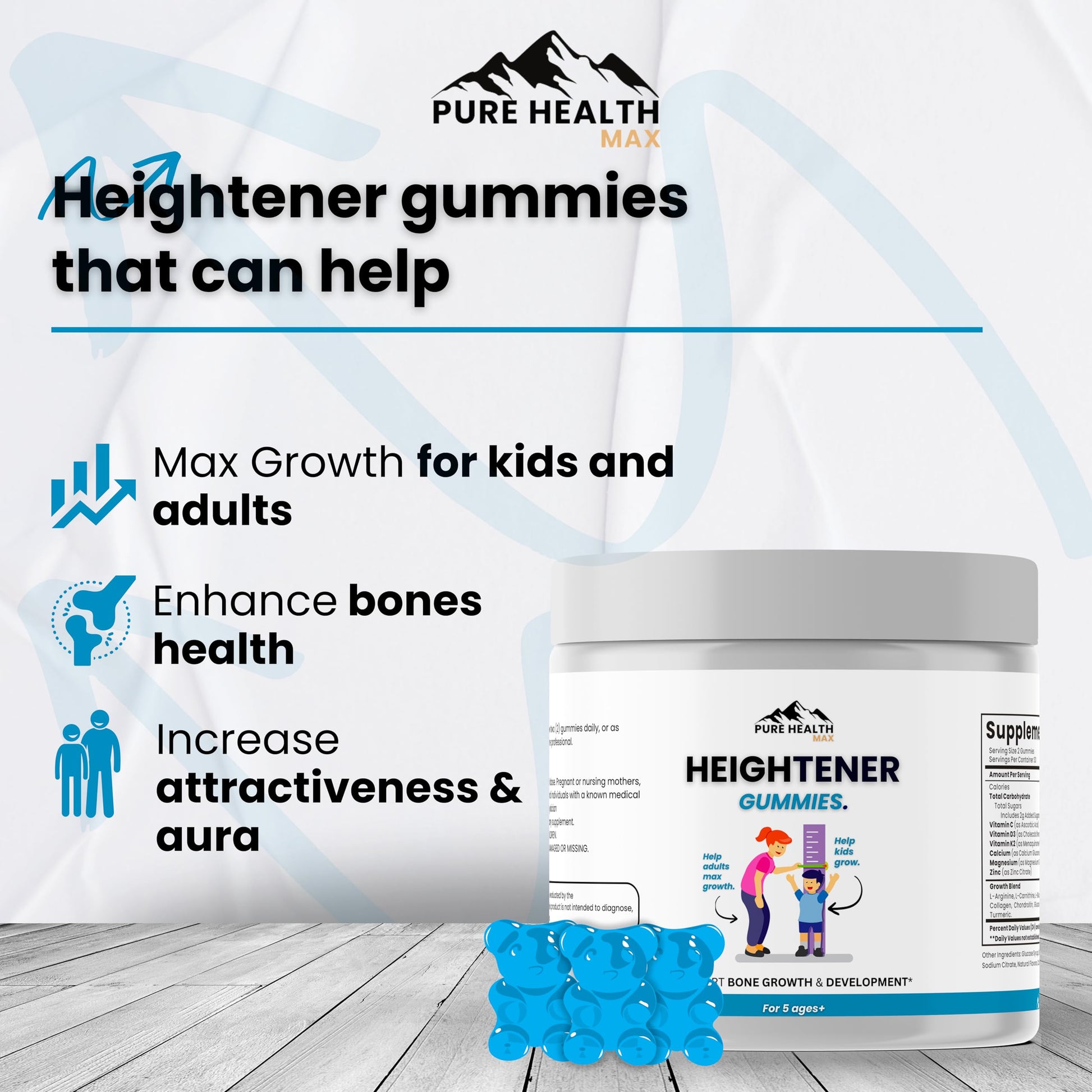 Heightener Gummies - Natural Height Growth Supplement for Kids, Teens and Adults to Increase Bone Strength and Grow Tall | Height Maximizer Pills with L-Arginine, Calcium & Zinc | 60 Gummy PURE HEALTH MAX buy supplements canada