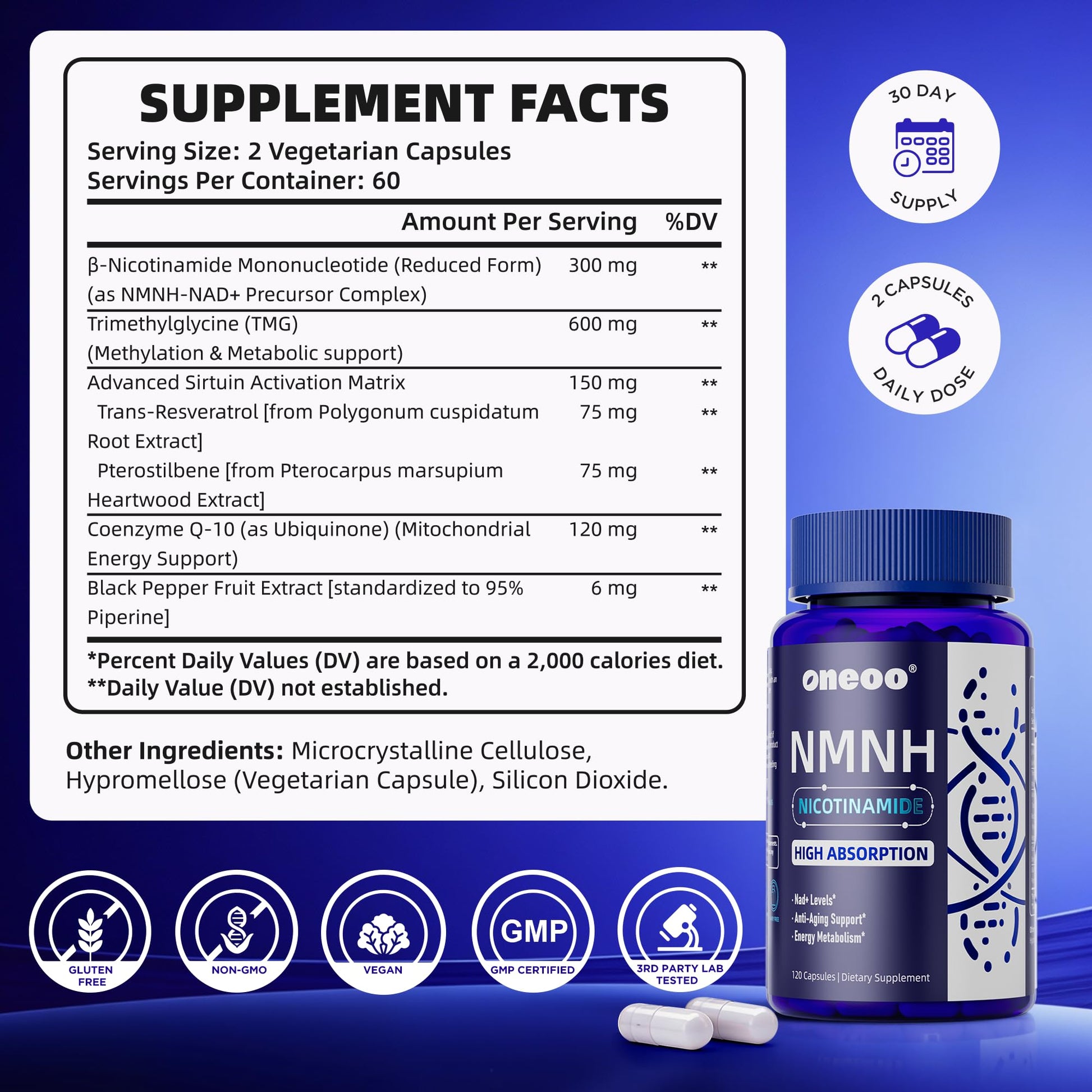 Oneoo NMNH Supplement with NAD Supplement Maximum Potency with Resveratrol & Pterostilbene, CoQ10 & Black Pepper, for Cellular Energy, Anti-Aging Support, Sirtuin Activation & Methylation Support, 120 Oneoo buy supplements canada