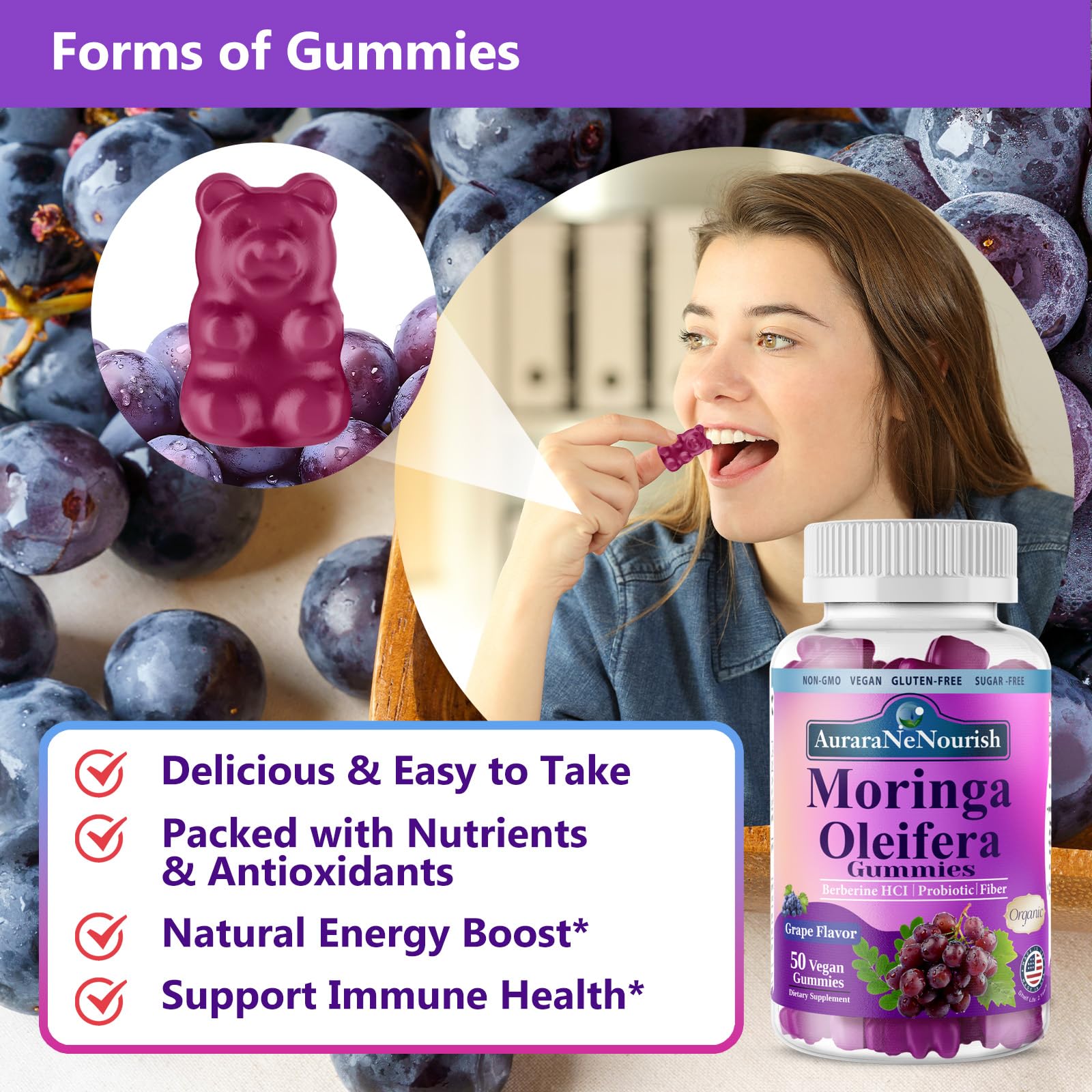 AuraraNeNourish Organic Moringa Oleifera Gummies for Women & Men, 8-in-1 Superfood Blend w. Berberine HCl & Moringa Leaf Extract for GLP-1 Support & Energy Immune Joint & Gut Health Sugar-Free AuraraNeNourish buy supplements canada
