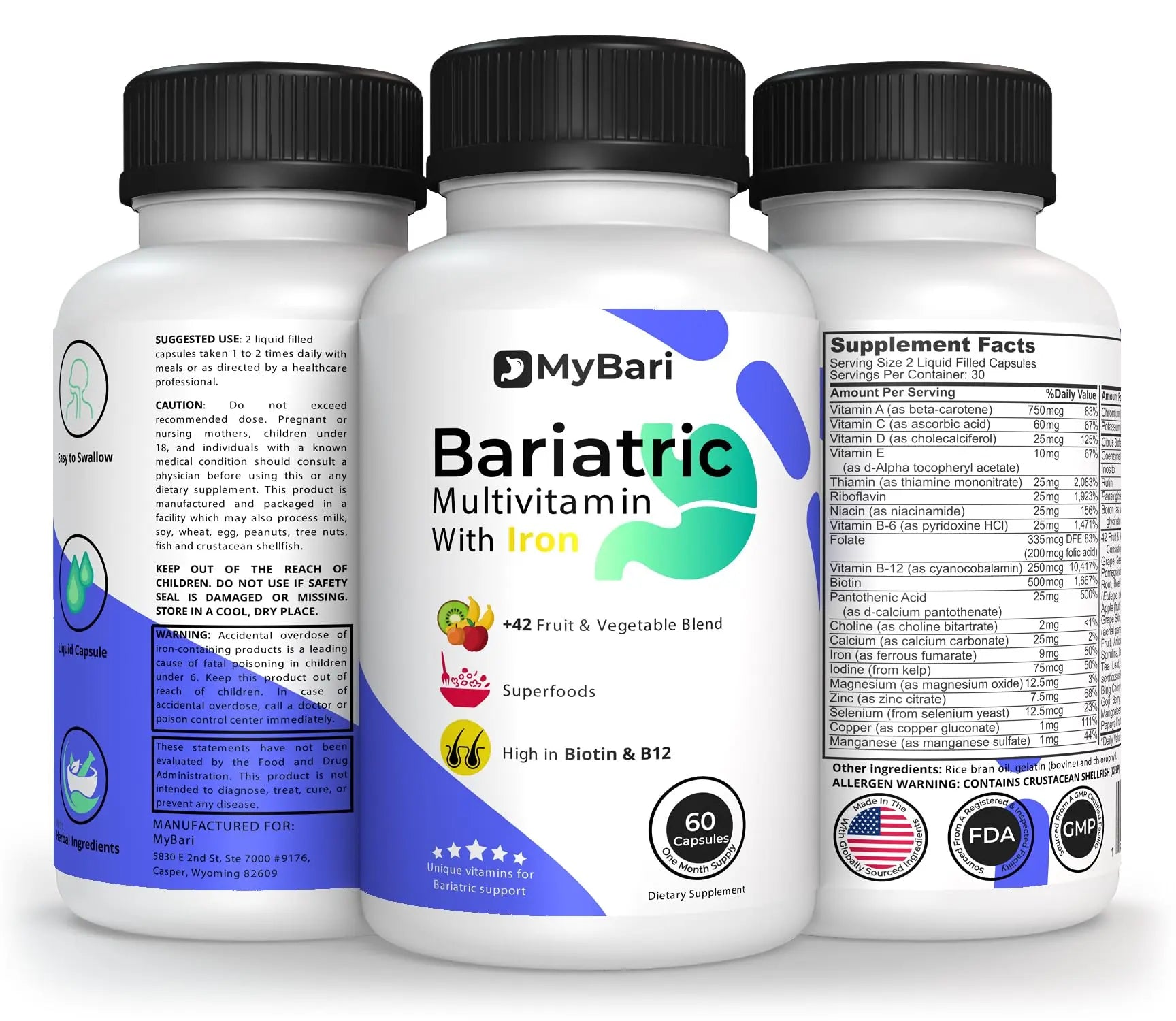 MyBari All-in-One Bariatric Multivitamin with Iron - Made in USA - for Men & Women - Supports Gastric Sleeve & Bypass with 42+ Fruit & Veggie Blend - 60 Liquid Capsules MyBari buy supplements canada