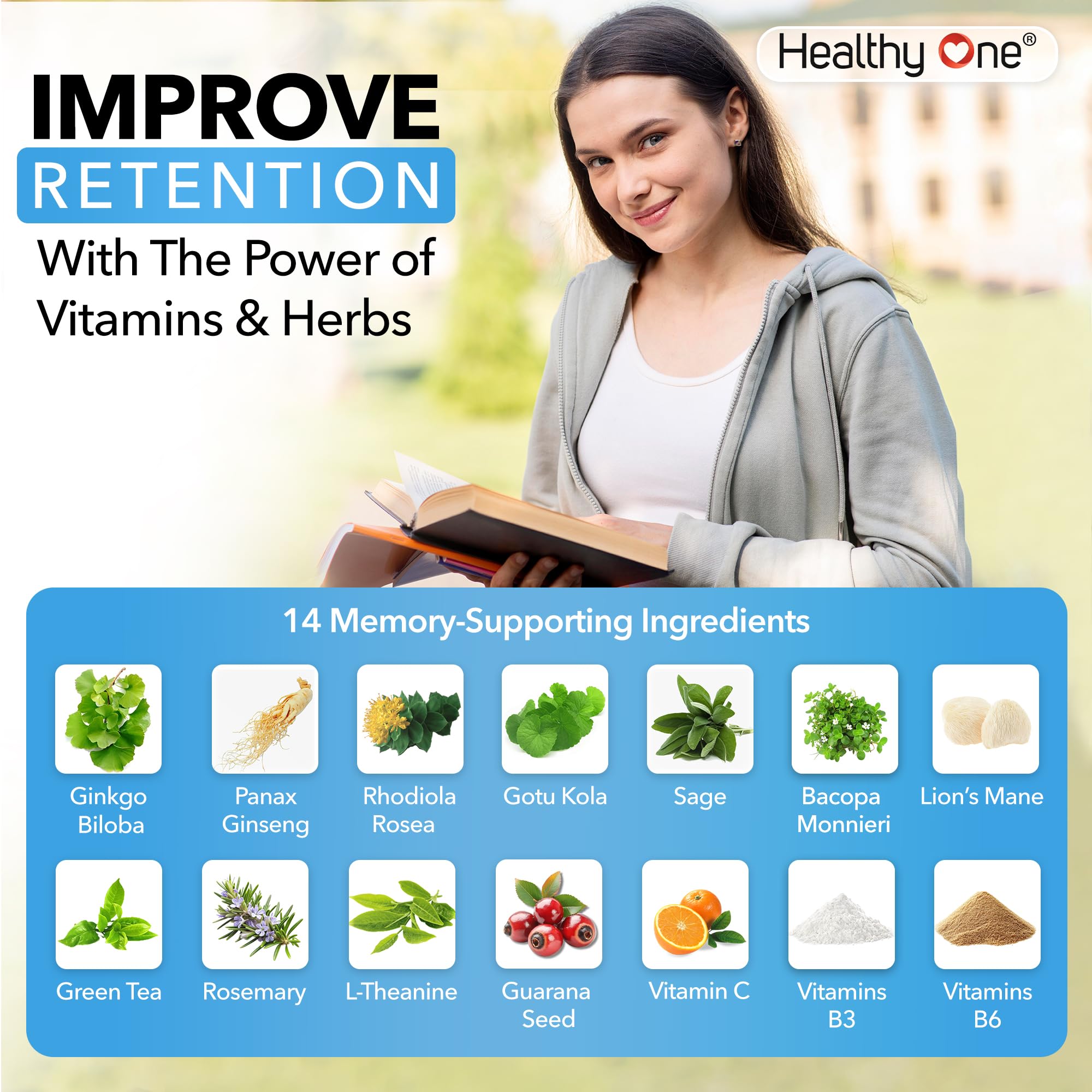 Healthy Mind - Safe for Teens - Brain Fog - Cognitive Function - Concentration - Focus - Neural Optimization - Mood - Ginkgo Biloba - Ginseng - Rhodiola - Bacopa - Gotu Kola - Green Tea - 60 Count Healthy One buy supplements canada