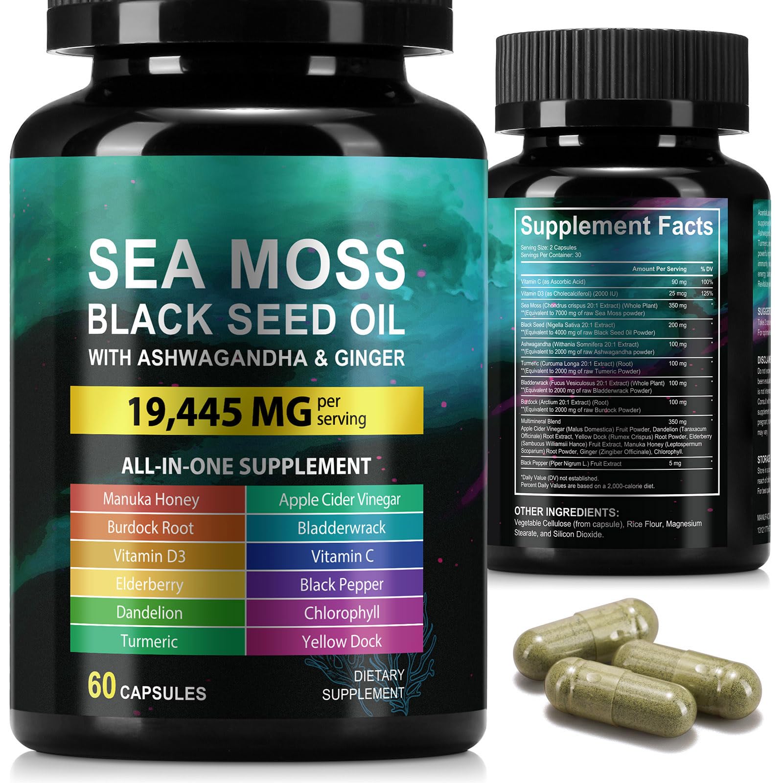 Sea Moss Black Seed Oil Ashwagandha Ginger Capsules, Seamoss Capsules Supplement with Bladderwrack Burdock & Vitamin C Vitamin D3 for Women & Men-Enhanced Immunity,60 Counts Vceeoy buy supplements canada