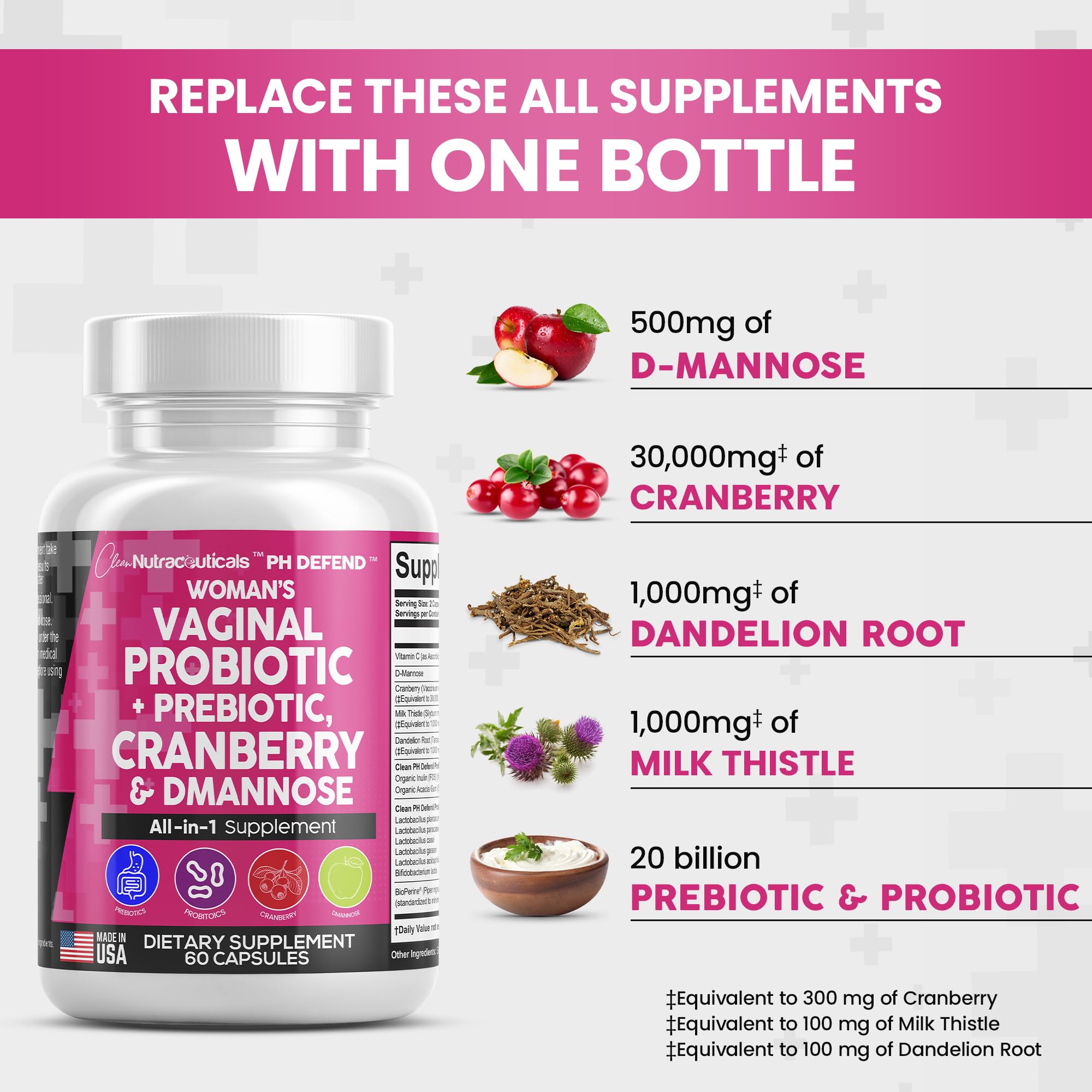 Vaginal Probiotics For Women + Prebiotics 20 Billion Cranberry Pills 30,000mg w/ D-Manno Clean Nutraceuticals buy supplements canada