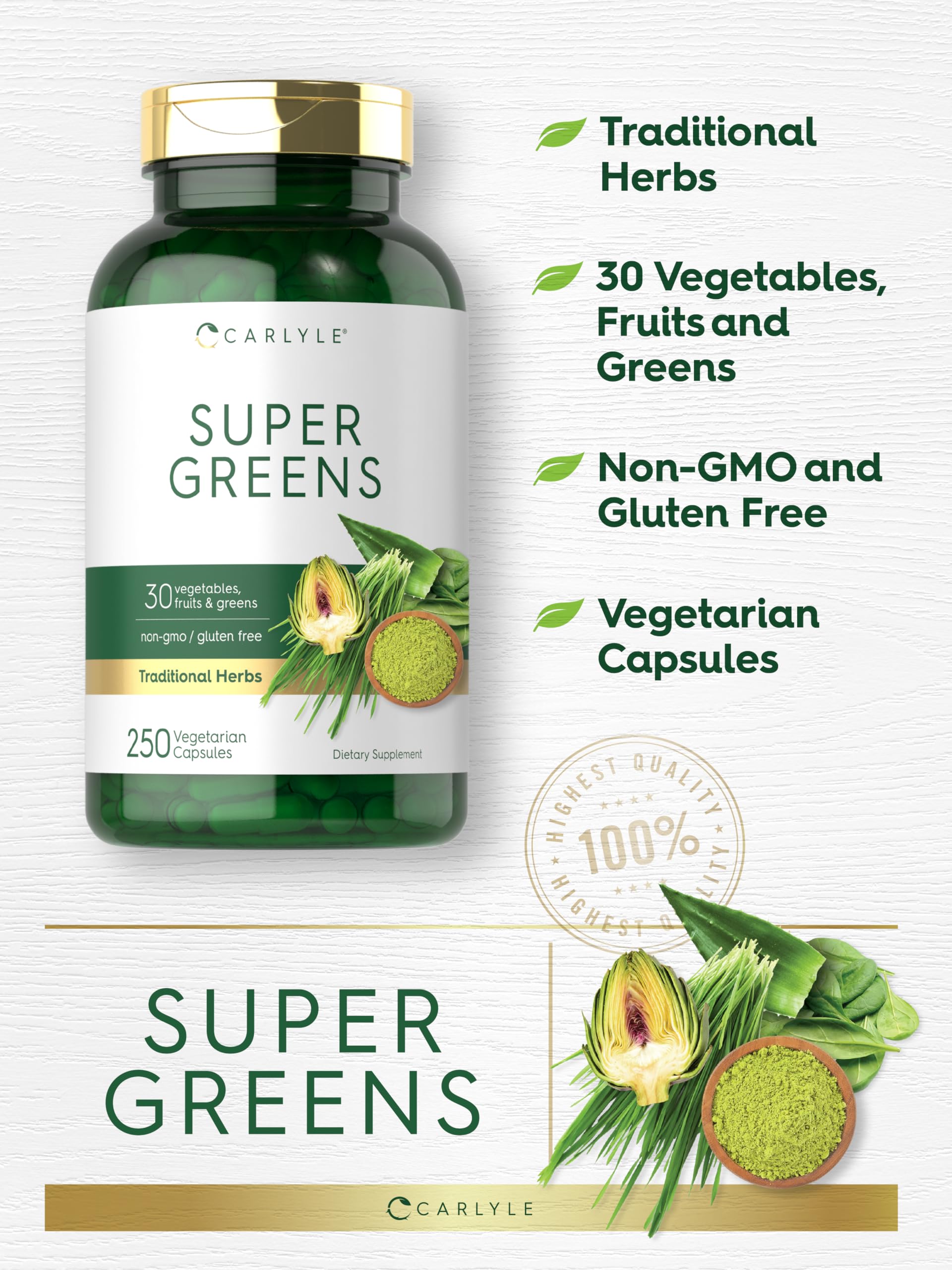 Carlyle Super Greens Capsules | 250 Count | Blend of 13 Vegetables and Greens Plus 17 Fruits | Non-GMO & Gluten Free Supplement Carlyle buy supplements canada